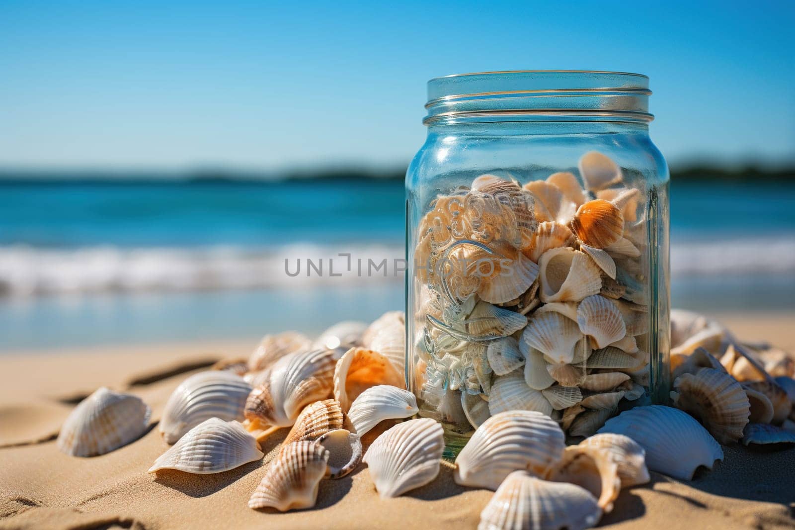 Glass jar with beautiful shells in the sand on the beach. Summer vacation, travel background