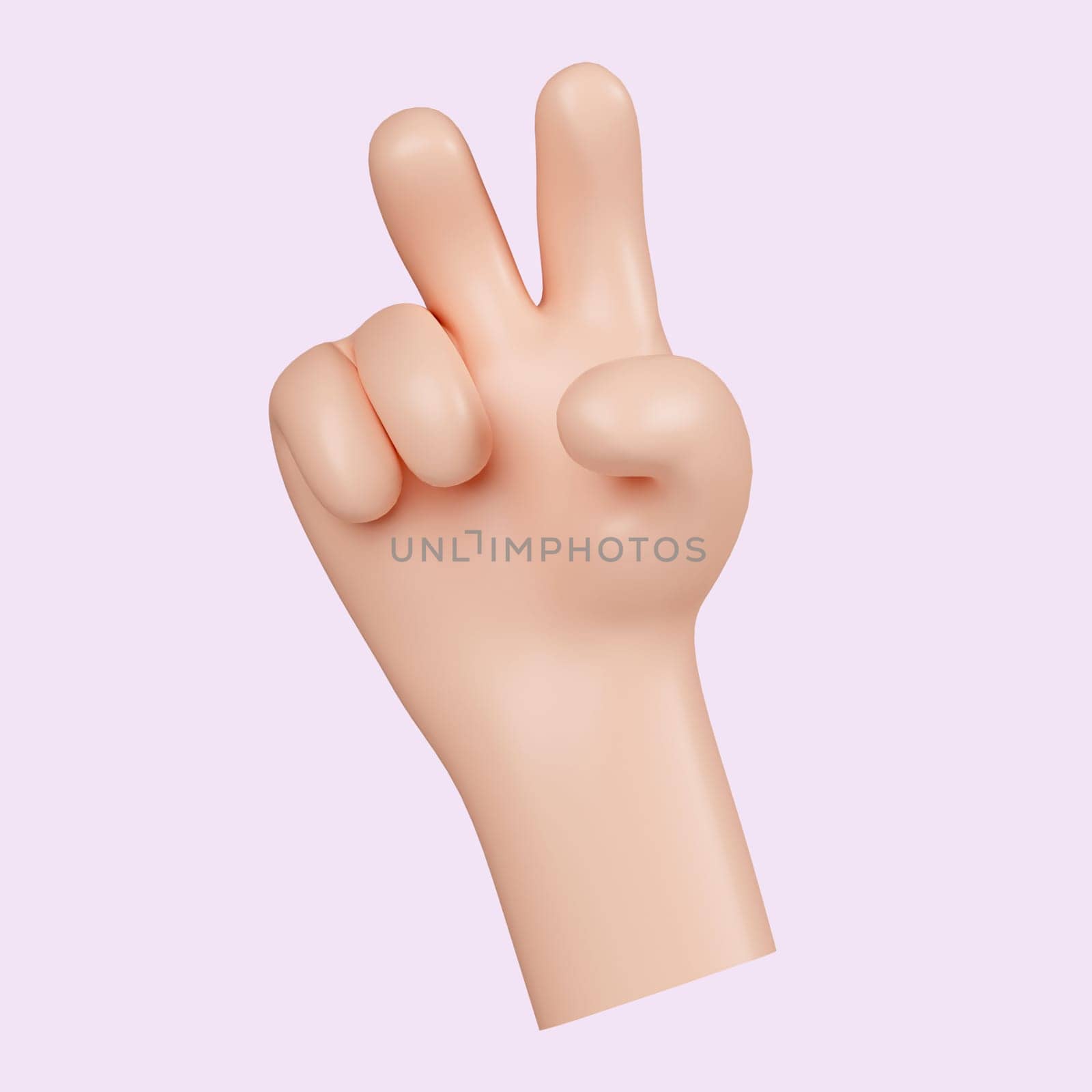 3d hand showing two fingers. peace sign. Finger counting gesture. icon isolated on yellow background. 3d rendering illustration. Clipping path..
