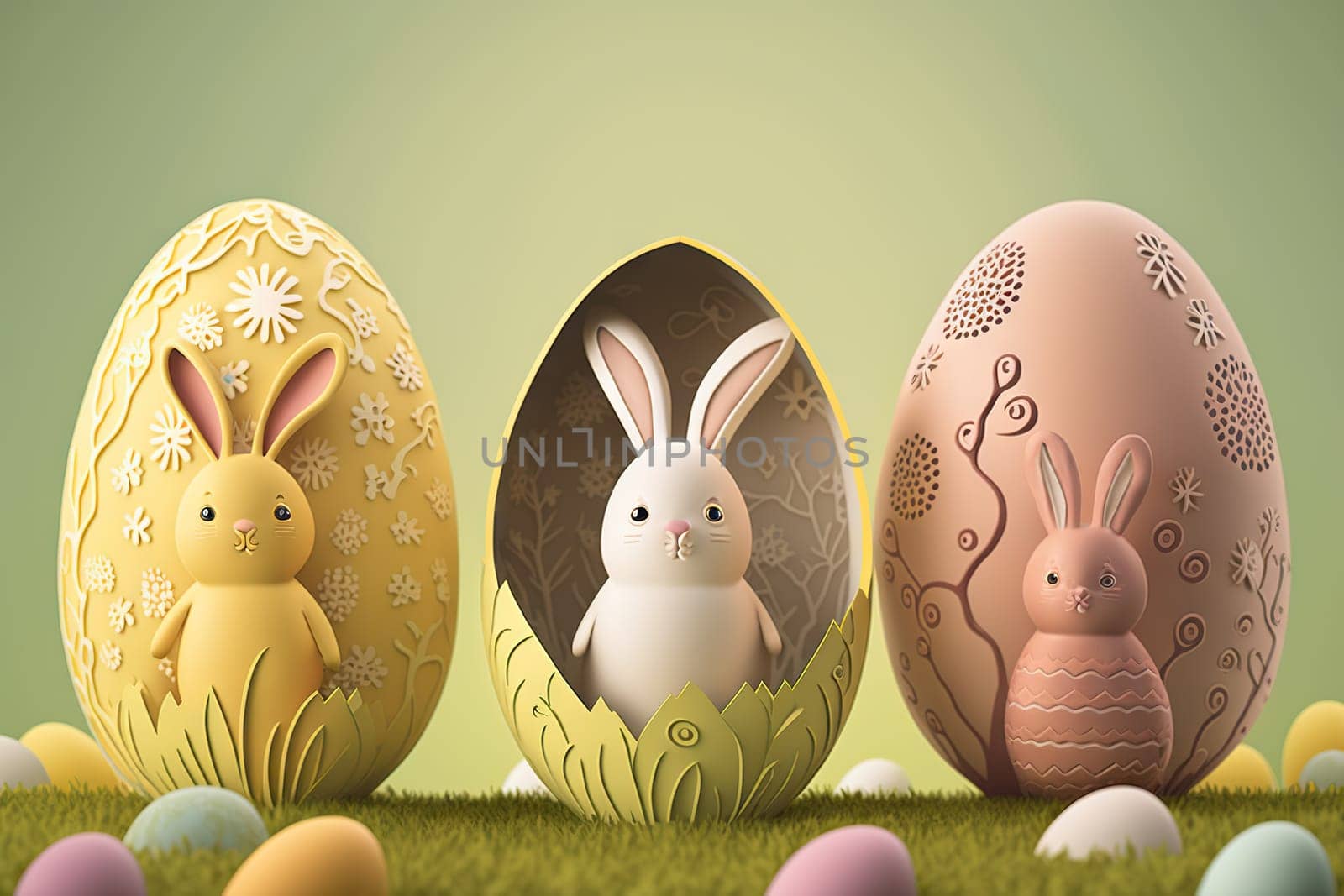 Illustration of three bunnies emerging from ornate Easter eggs on a grassy field - Generative AI
