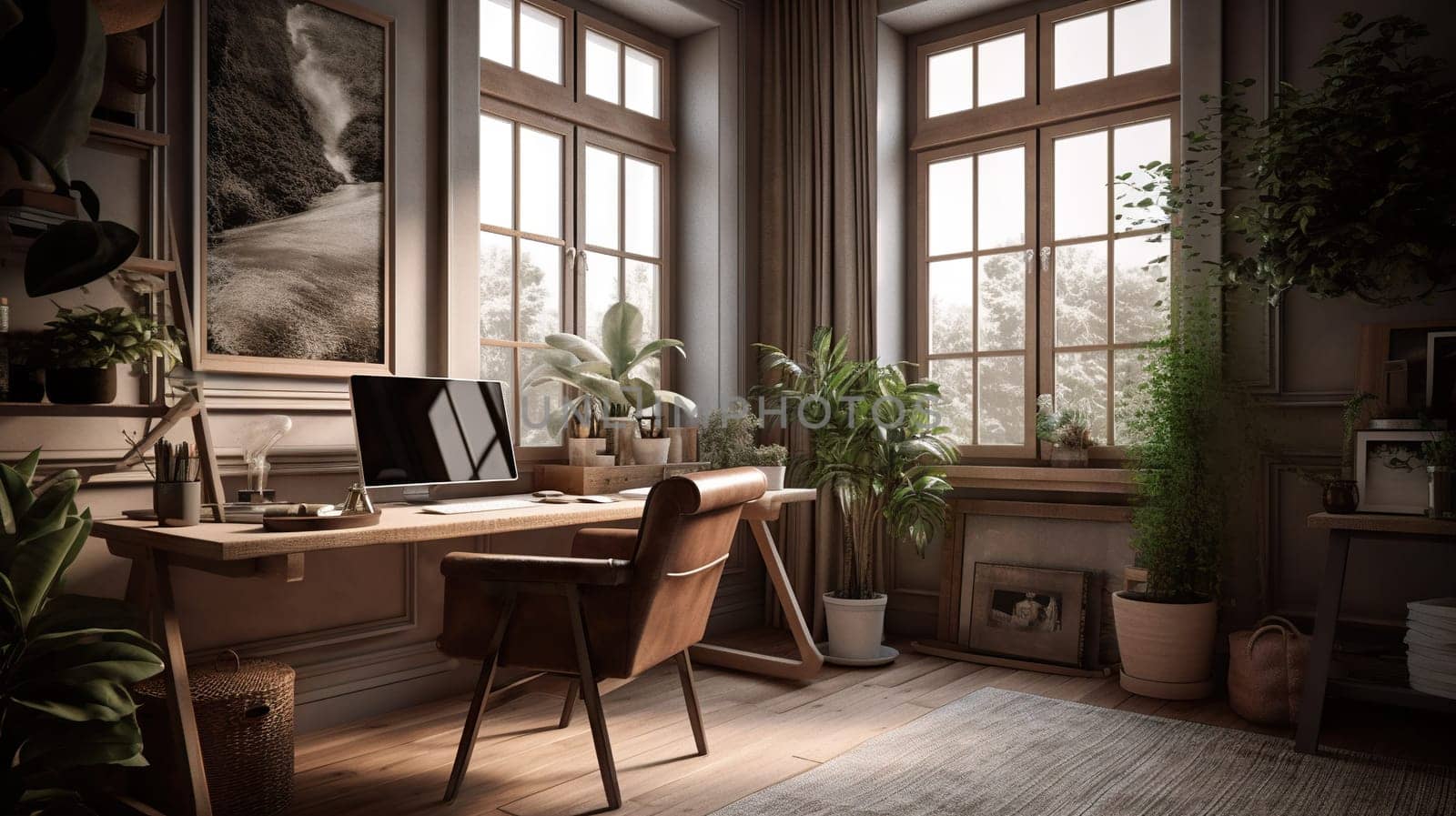 home office with plant, desk and large windows - AI generative