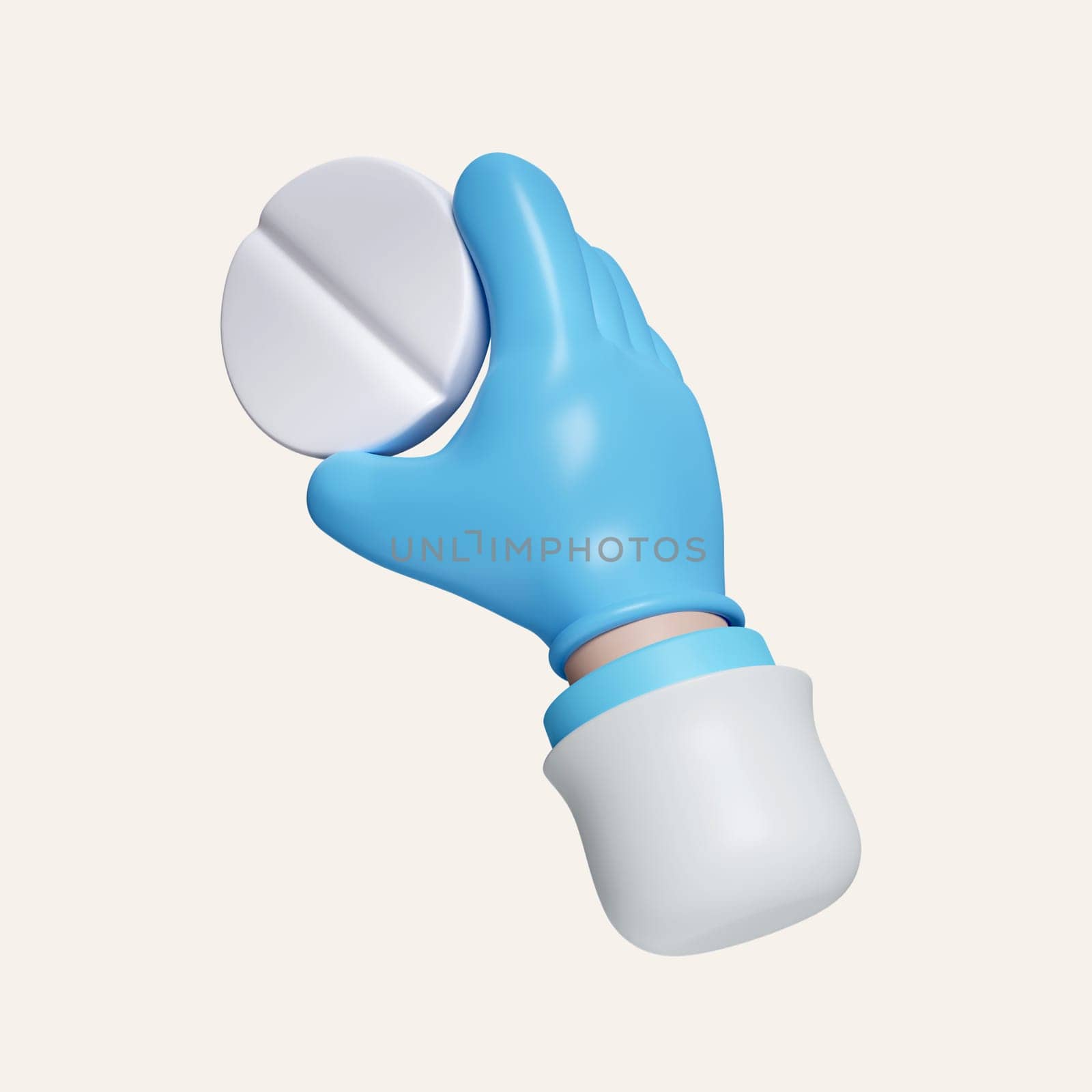 3d Doctor or pharmacist cartoon hand holds big white tablet or pill. Medical illustration. Pharmaceutical clip art isolated on white background..
