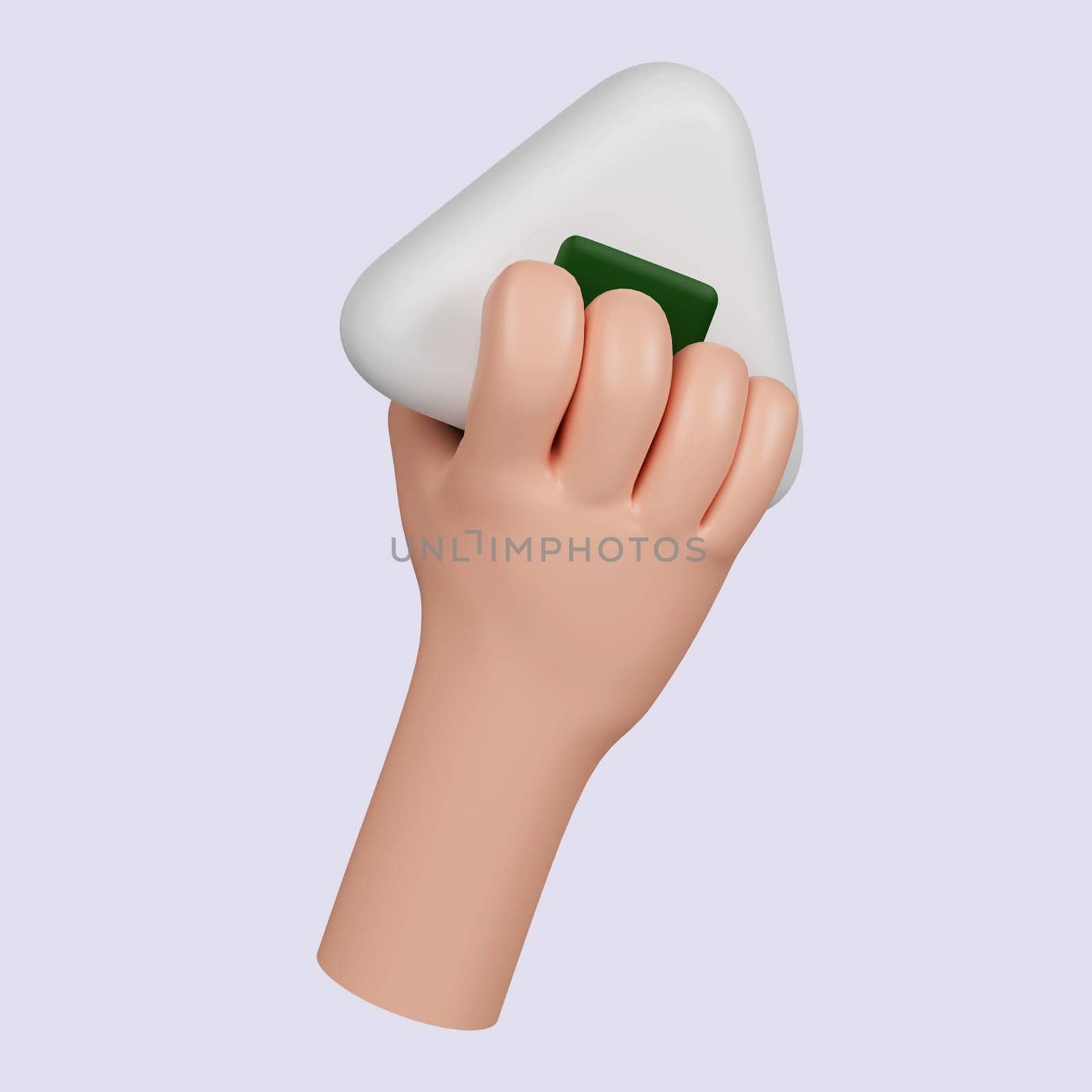 3d hand holding onigiri. concept of being hungry. icon isolated on gray background. 3d rendering illustration. Clipping path..