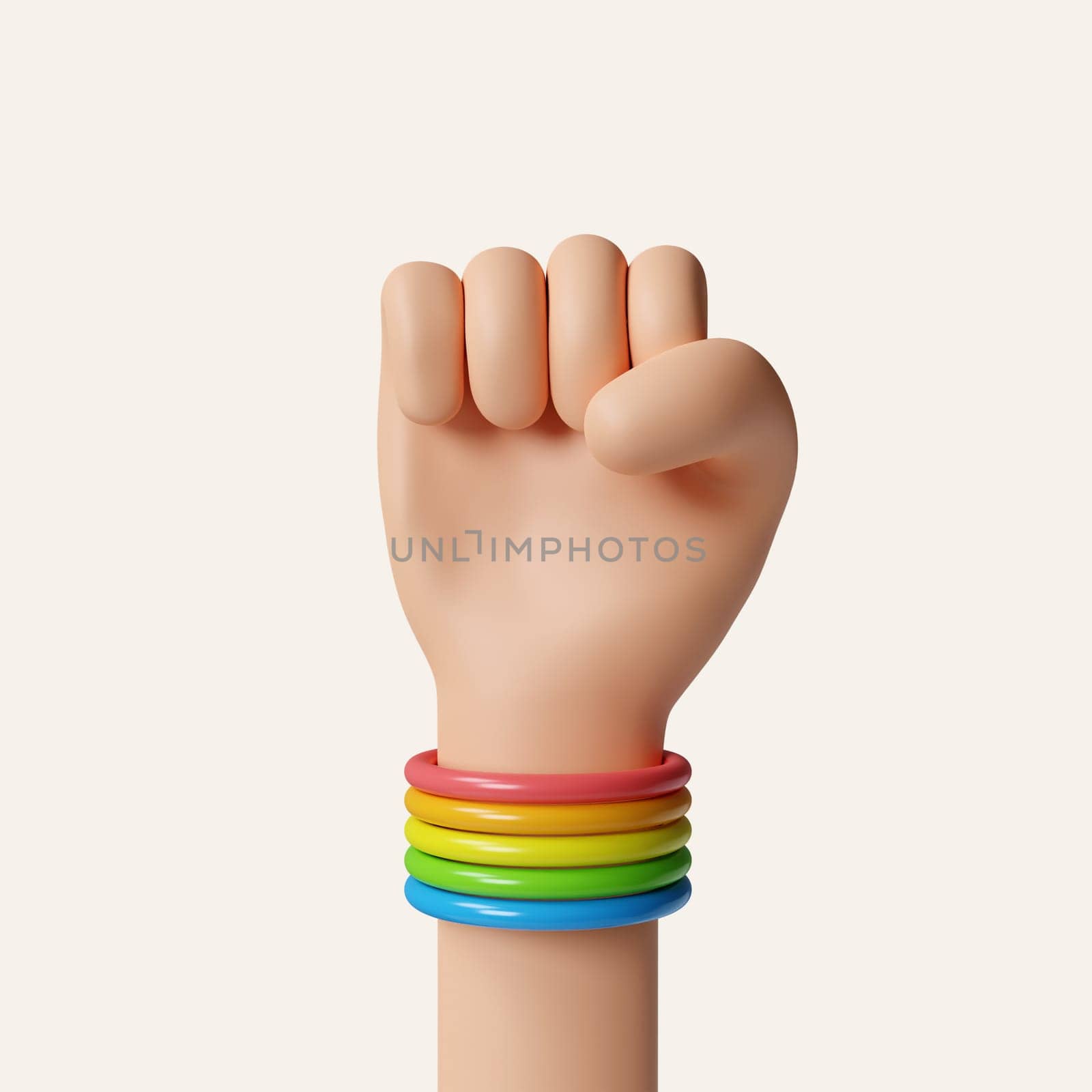 3d fists with pride support bracelets on a white background for for LGBTQIA Pride month celebration. icon isolated on white background. 3d rendering illustration. Clipping path..