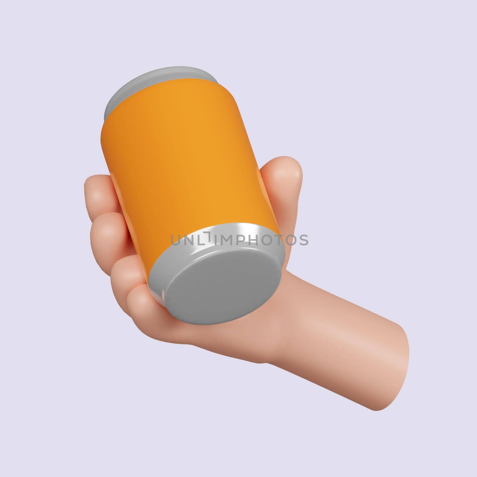 3d Cartoon character hand hold juice can, soda can . icon isolated on gray background. 3d rendering illustration. Clipping path..