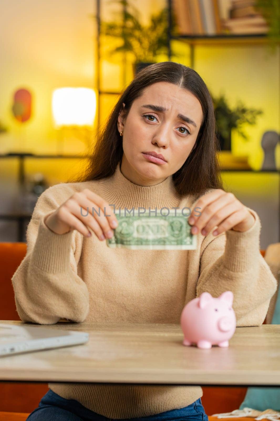Poor young woman insufficient amount of money, holding piggybank and one dollar banknote. Financial crisis. Bankruptcy. Poverty and destitution. Female girl sitting at home office at table. Vertical