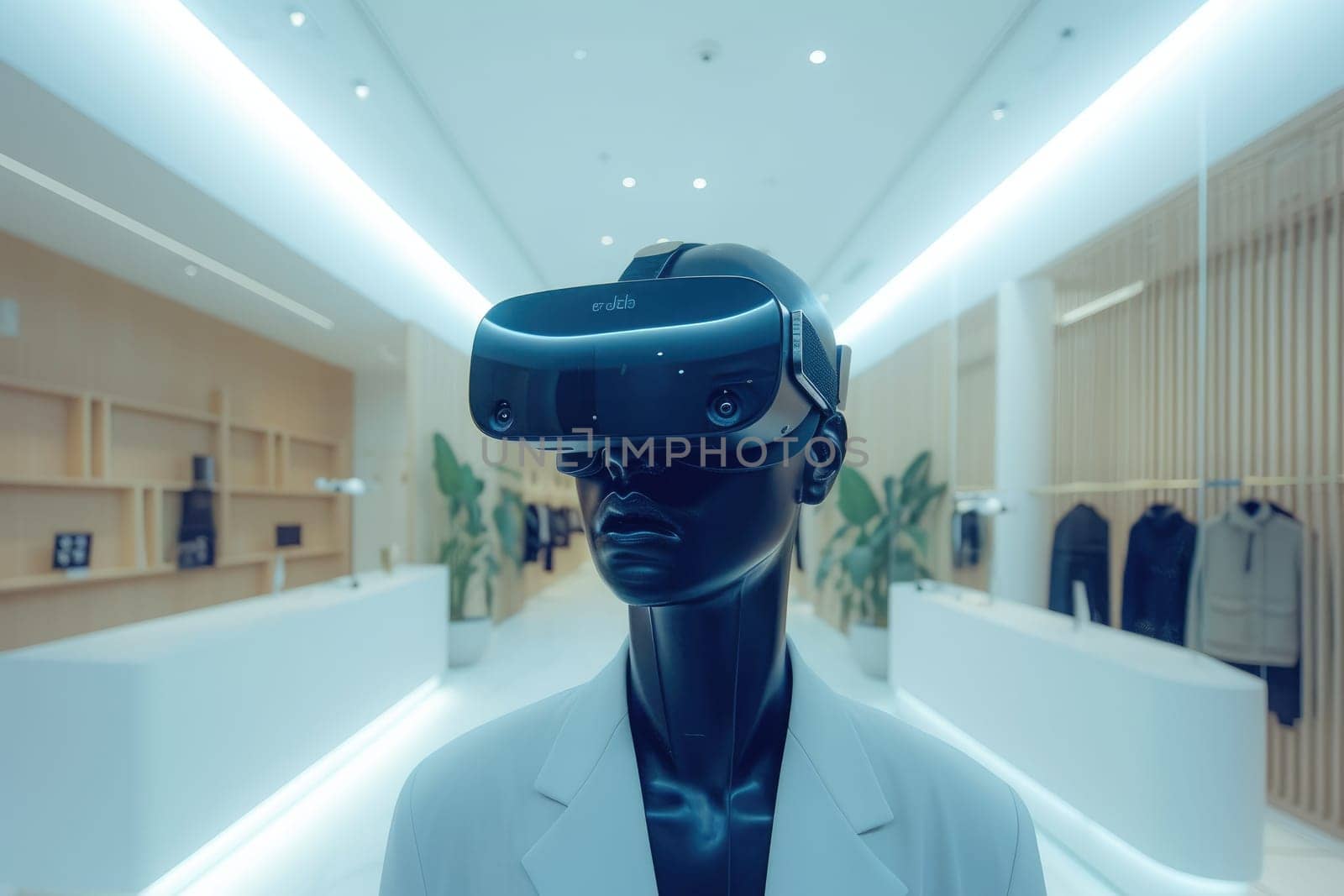 Virtual Reality goggles on mannequin mockup. Technology concept. Generative AI.