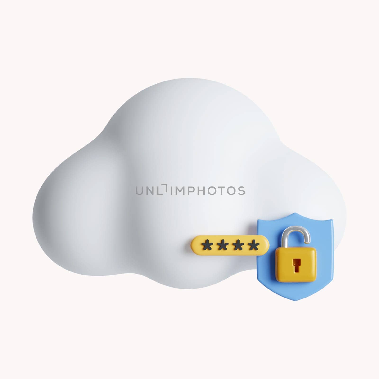 3d fluffy cloud and password unlock. Security concept. icon isolated on white background. 3d rendering illustration. Clipping path..