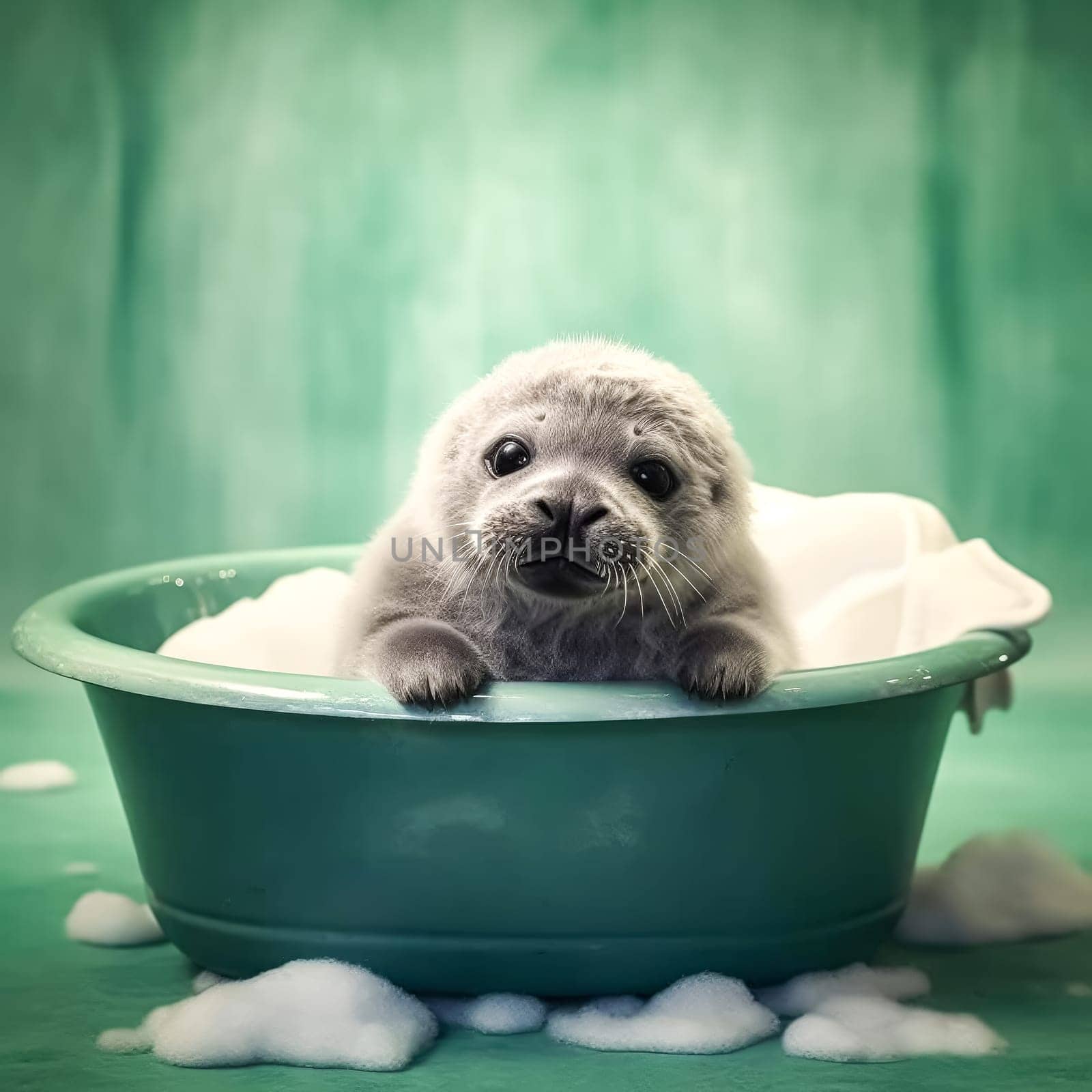 An adorable fur seal pup enjoys a bath, surrounded by fluffy foam, against a colorful background. Perfect for design projects and animal-themed content
