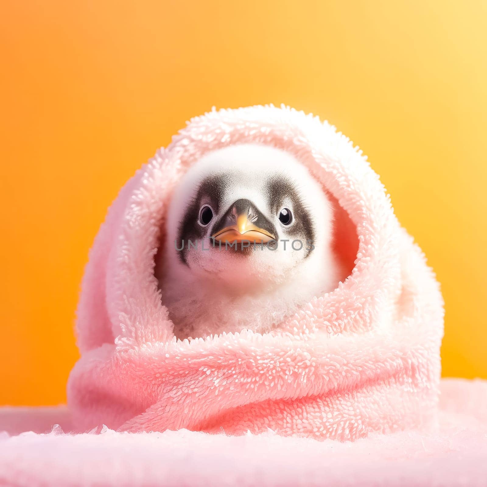 A charming penguin wrapped snugly in a towel after a bath, radiating warmth and charm against a colorful background.