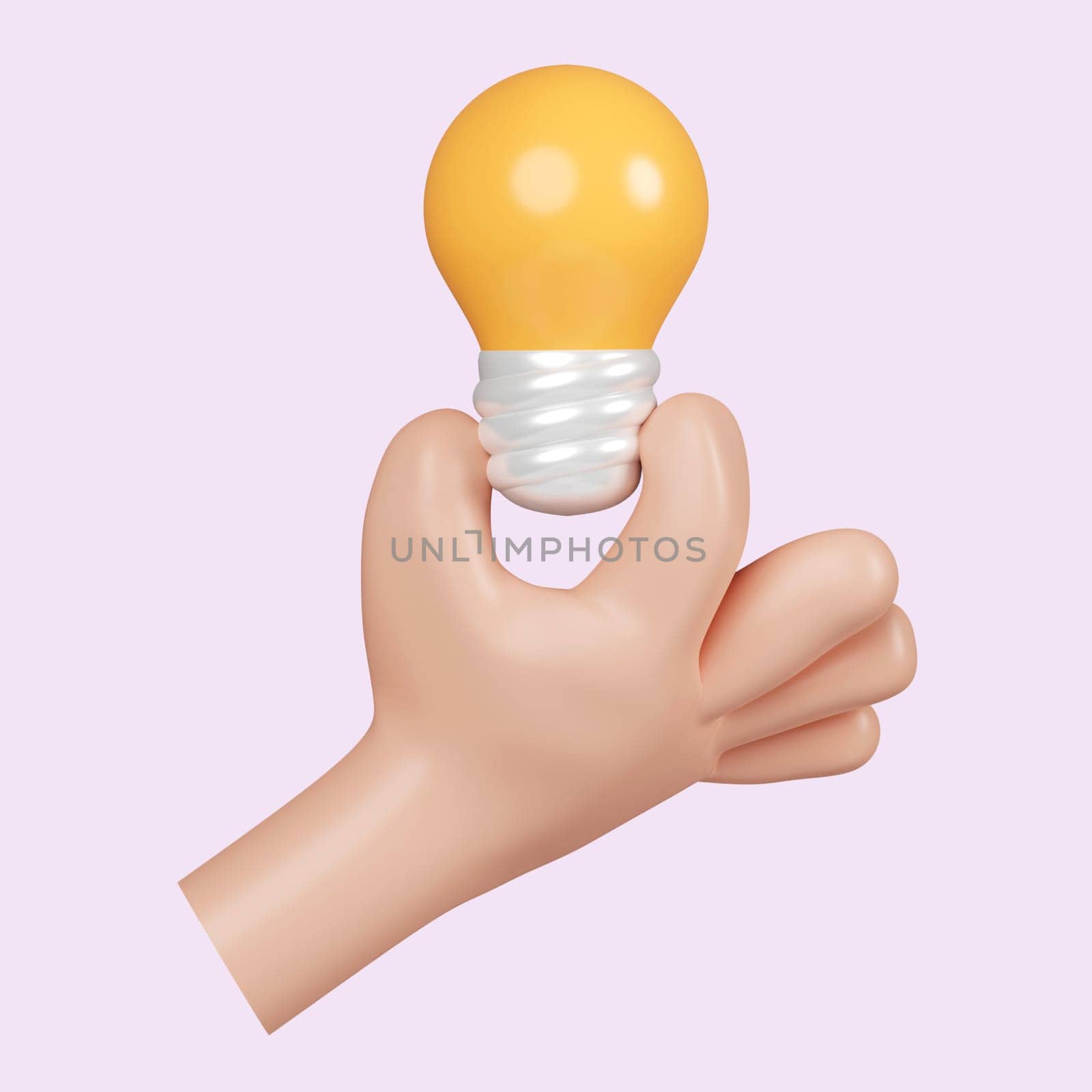 3d cartoon hand holding a light bulb. Thinking, good idea and business success creative concept. icon isolated on pink background. 3d rendering illustration. Clipping path..