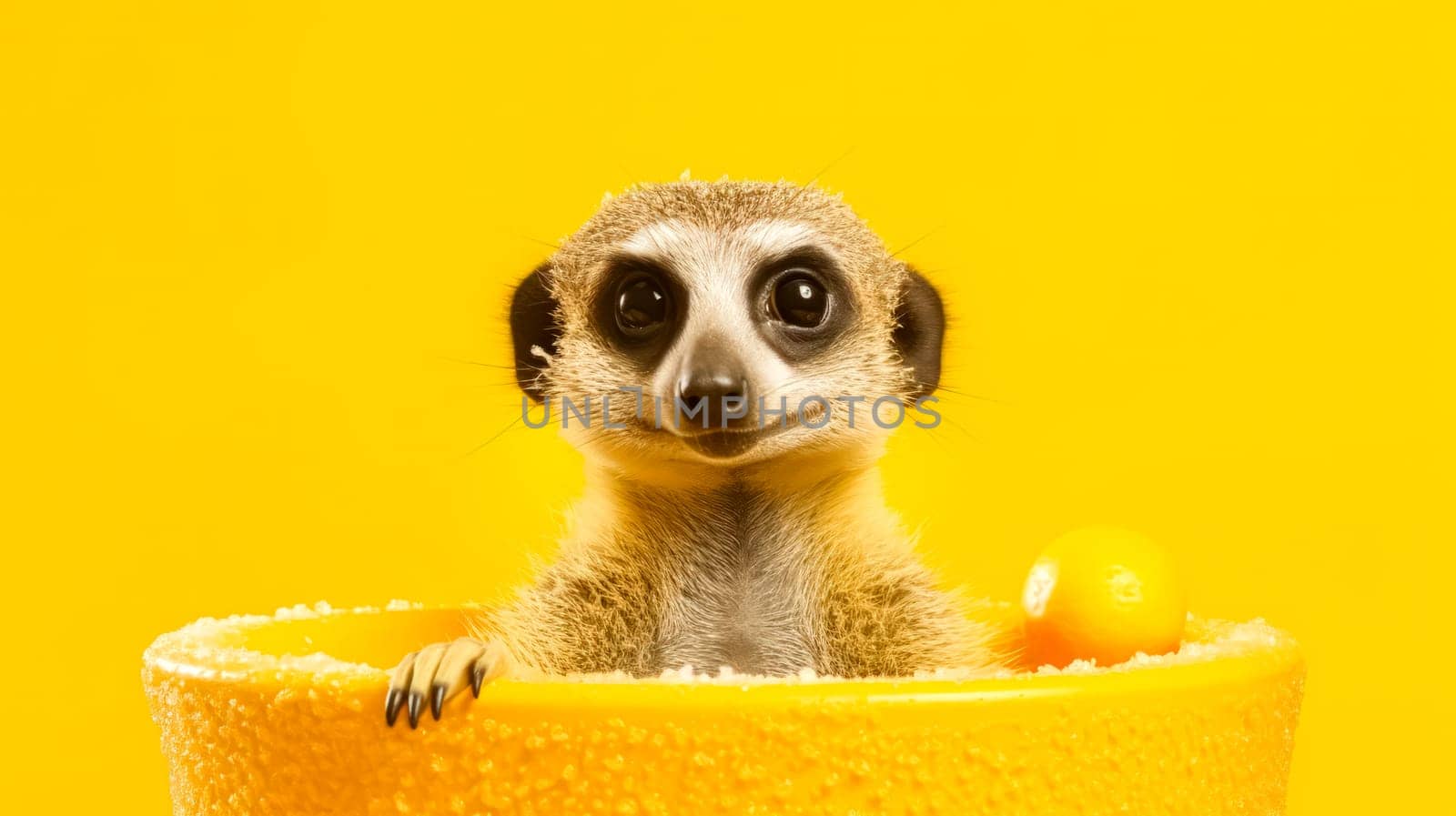 A charming meerkat enjoys a bubbly bath in a bathtub against a vibrant yellow background, adding a playful touch to this adorable illustration.