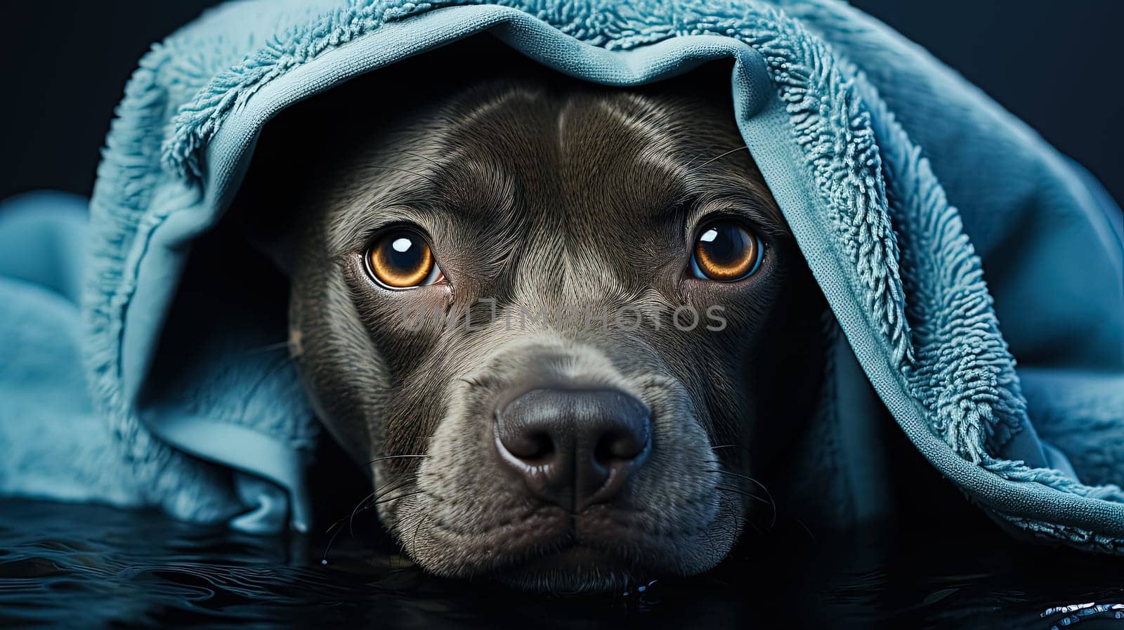 A pit bull, wrapped snugly in a towel after a bath, sits against a calming blue backdrop, showcasing tranquility and post-bath relaxation for pets.