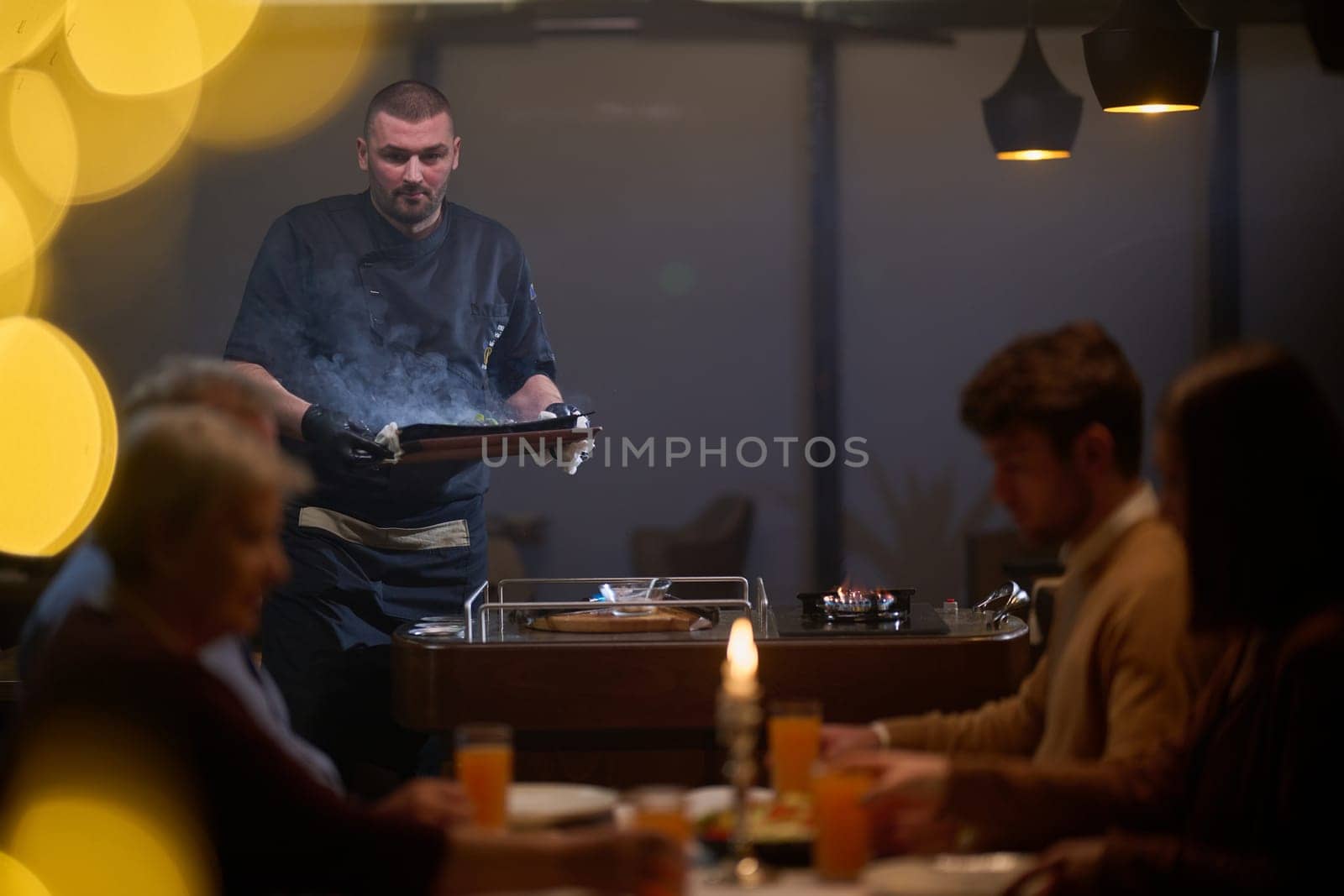 In a restaurant setting, a professional chef presents a sizzling steak cooked over an open flame, while an European Muslim family eagerly awaits their iftar meal during the holy month of Ramadan, blending culinary artistry with cultural tradition in a harmonious dining experience by dotshock