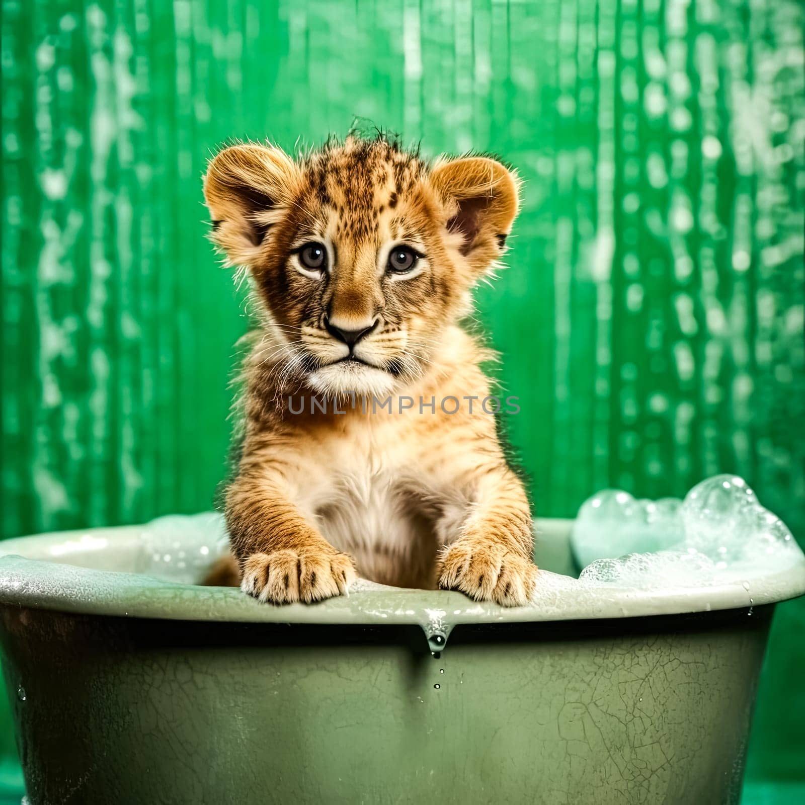 A delightful lion cub enjoys a bubbly bath, against a vibrant backdrop, perfect for any creative project.