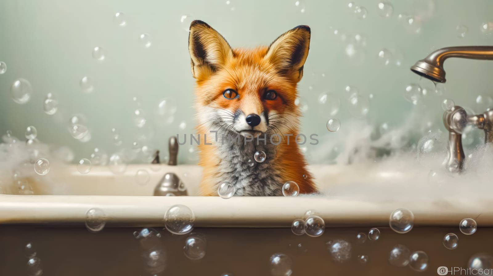 A delightful fox lounges in a bathtub surrounded by frothy soap bubbles, creating a charming and whimsical scene against a soft background.