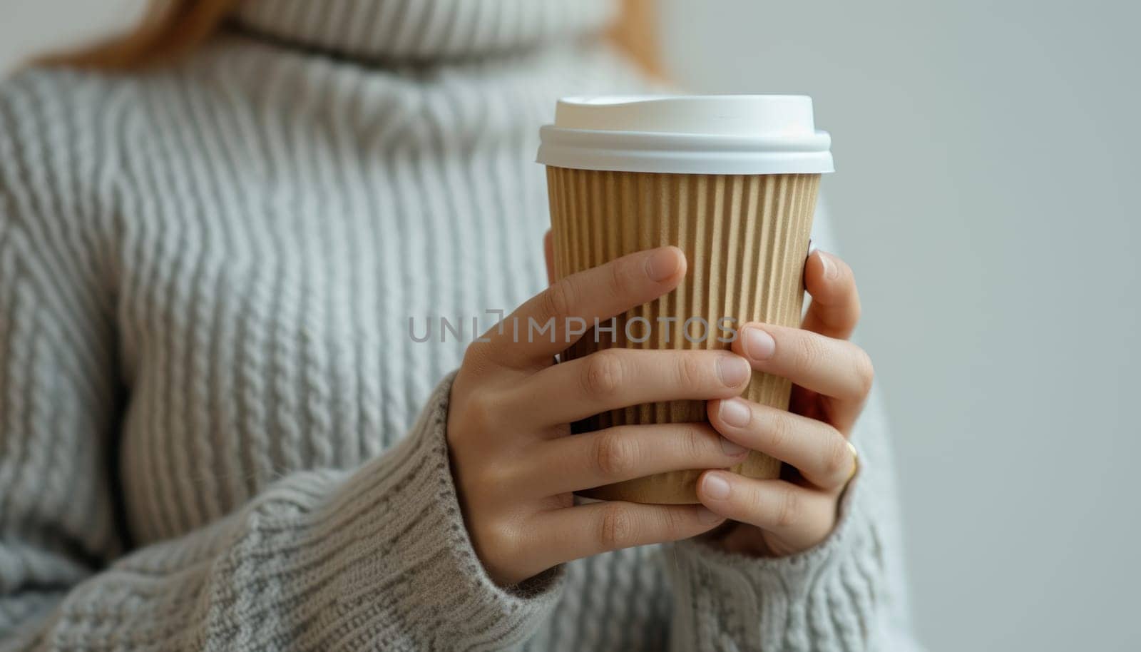 Hand holding a organic material coffee cup. Generative AI.