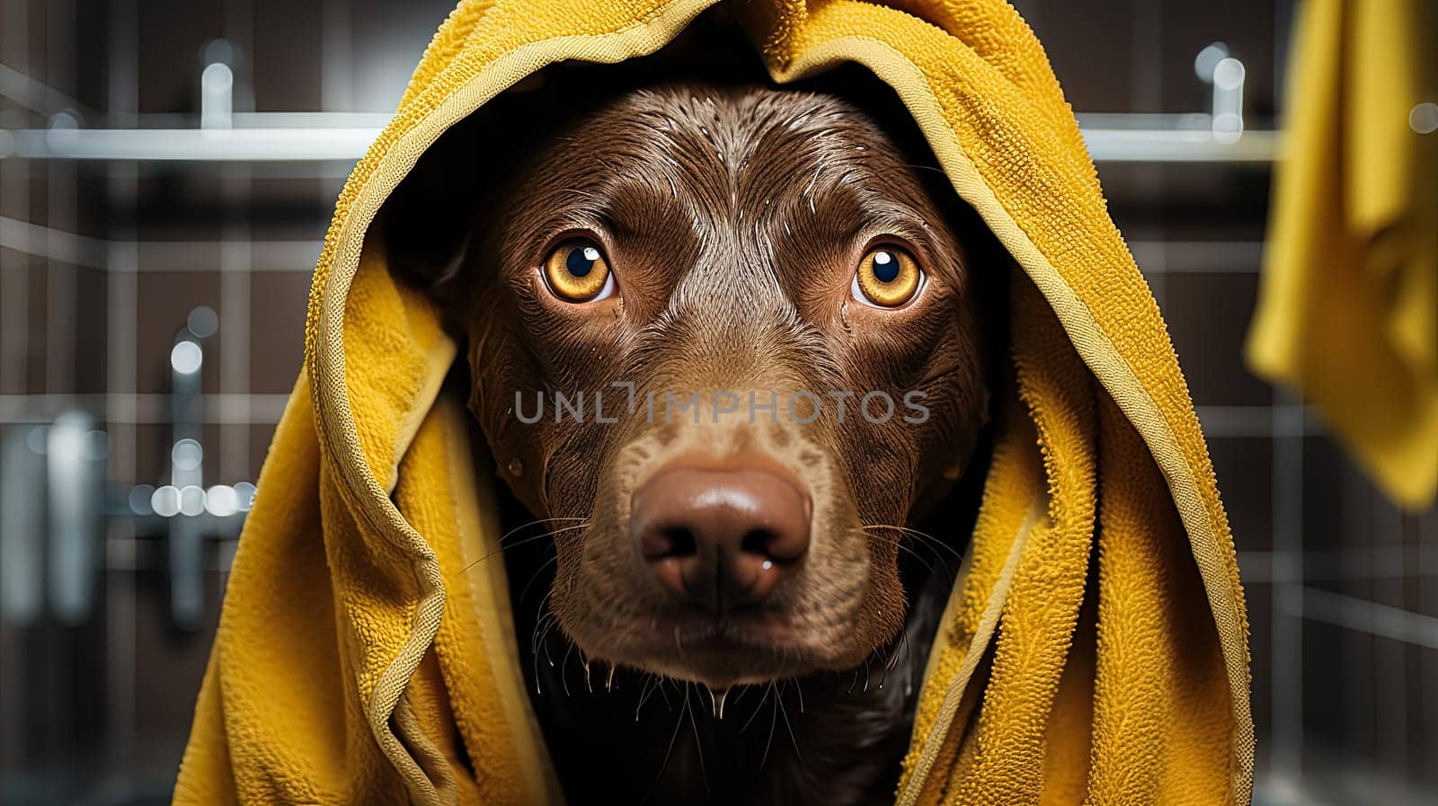 A dachshund, wrapped in a yellow towel post bath, embodies the essence of pet care, ensuring cleanliness and comfort for furry companions.