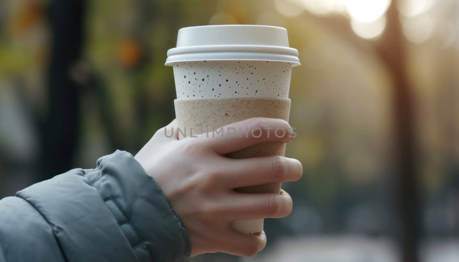 Hand holding a organic material coffee cup. Generative AI.