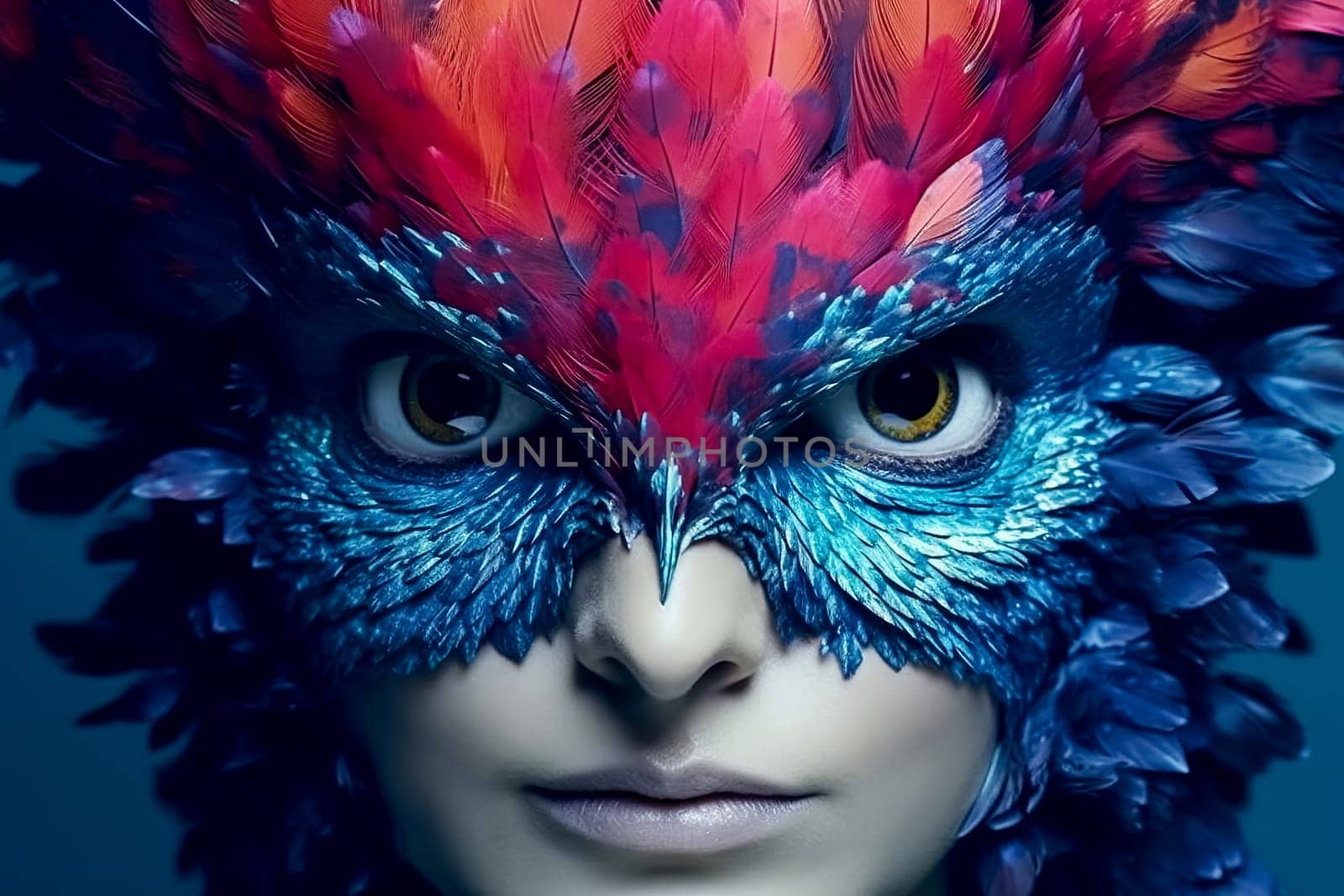 The woman's face is adorned with a vibrant mask featuring feathers in electric blue, closely highlighting her azure eyes and delicate eyelashes, resembling a stunning artistic painting.