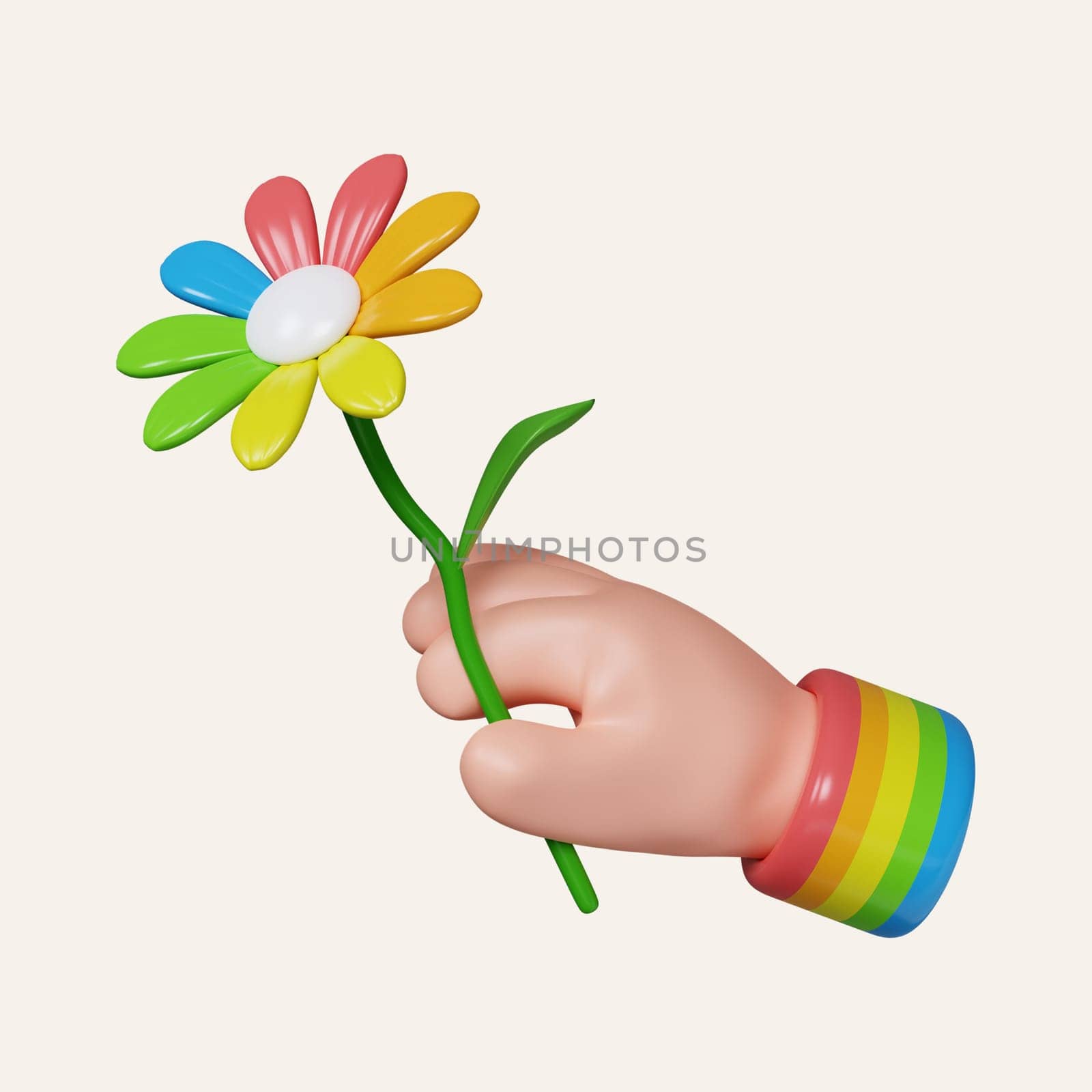 3d hand hold Rainbow flower, Pride month, LGBT concept background. LGBT pride month. icon isolated on white background. 3d rendering illustration. Clipping path..