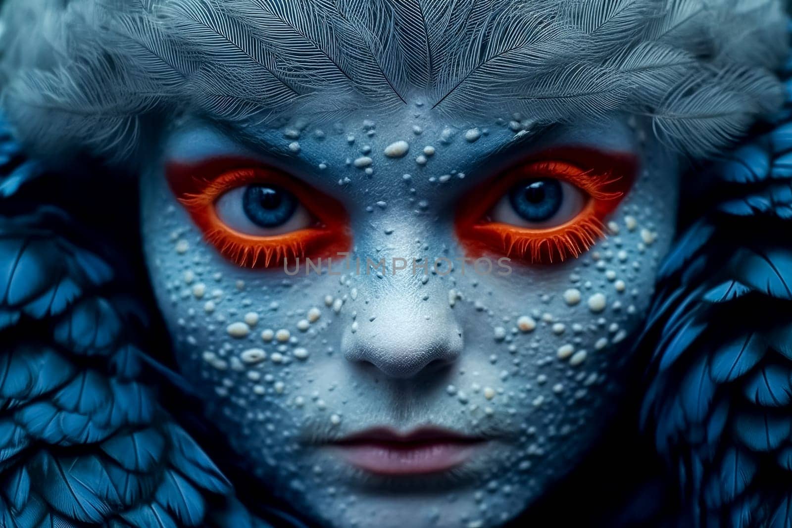 Close-up of a person's face with blue and white paint on it, emphasizing the eye and eyelash details. The artwork showcases the electric blue colors, creating a fictional character in a dark setting.