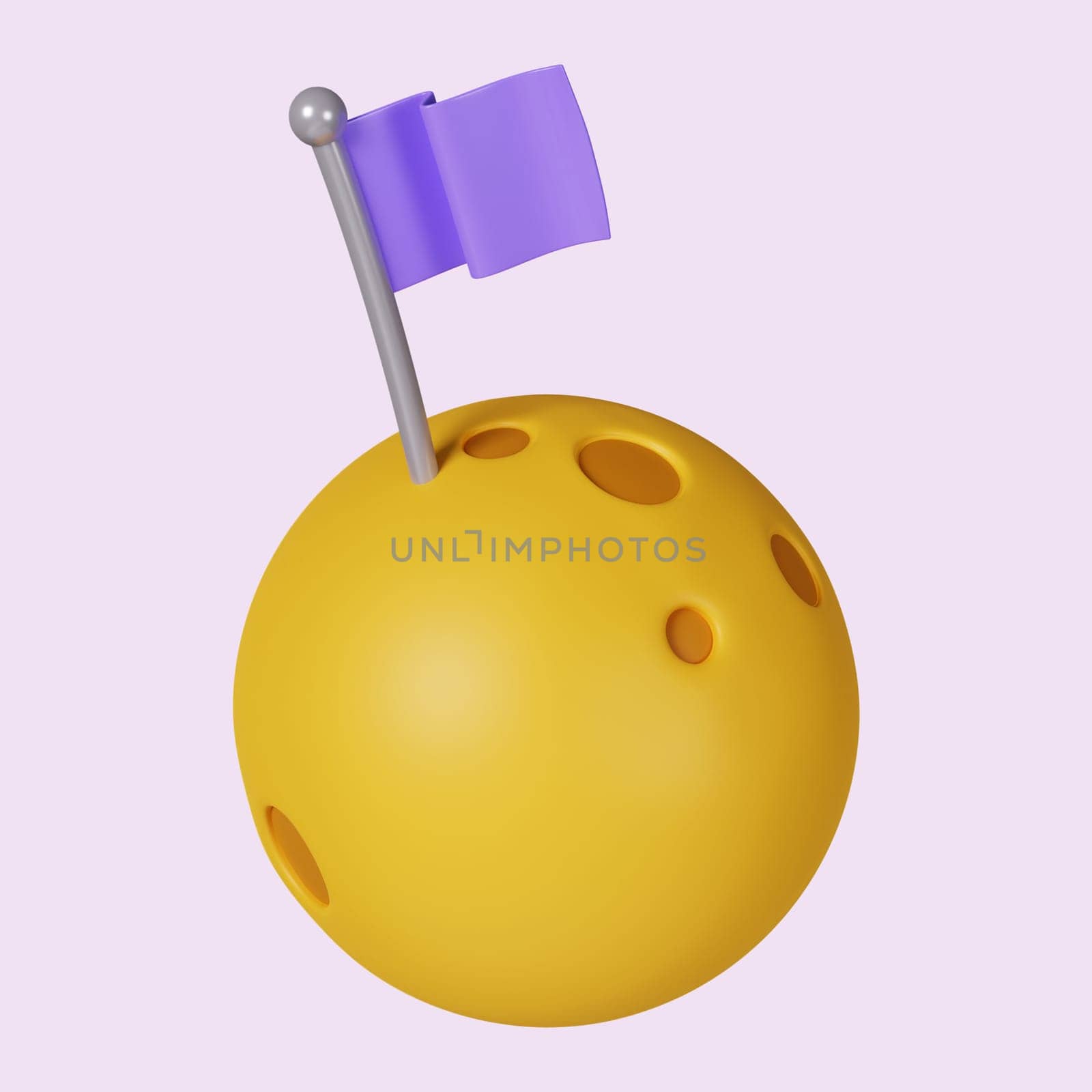3d moon with flag. icon isolated on purple background. 3d rendering illustration. Clipping path..