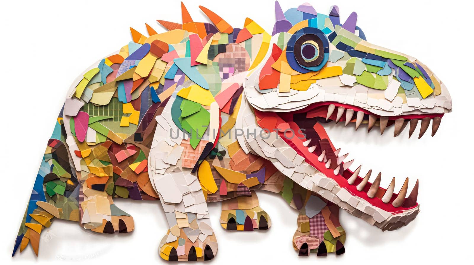 A captivating dinosaur illustration crafted from vibrant pieces of 3D paper, showcasing creativity and depth in a unique artistic form.