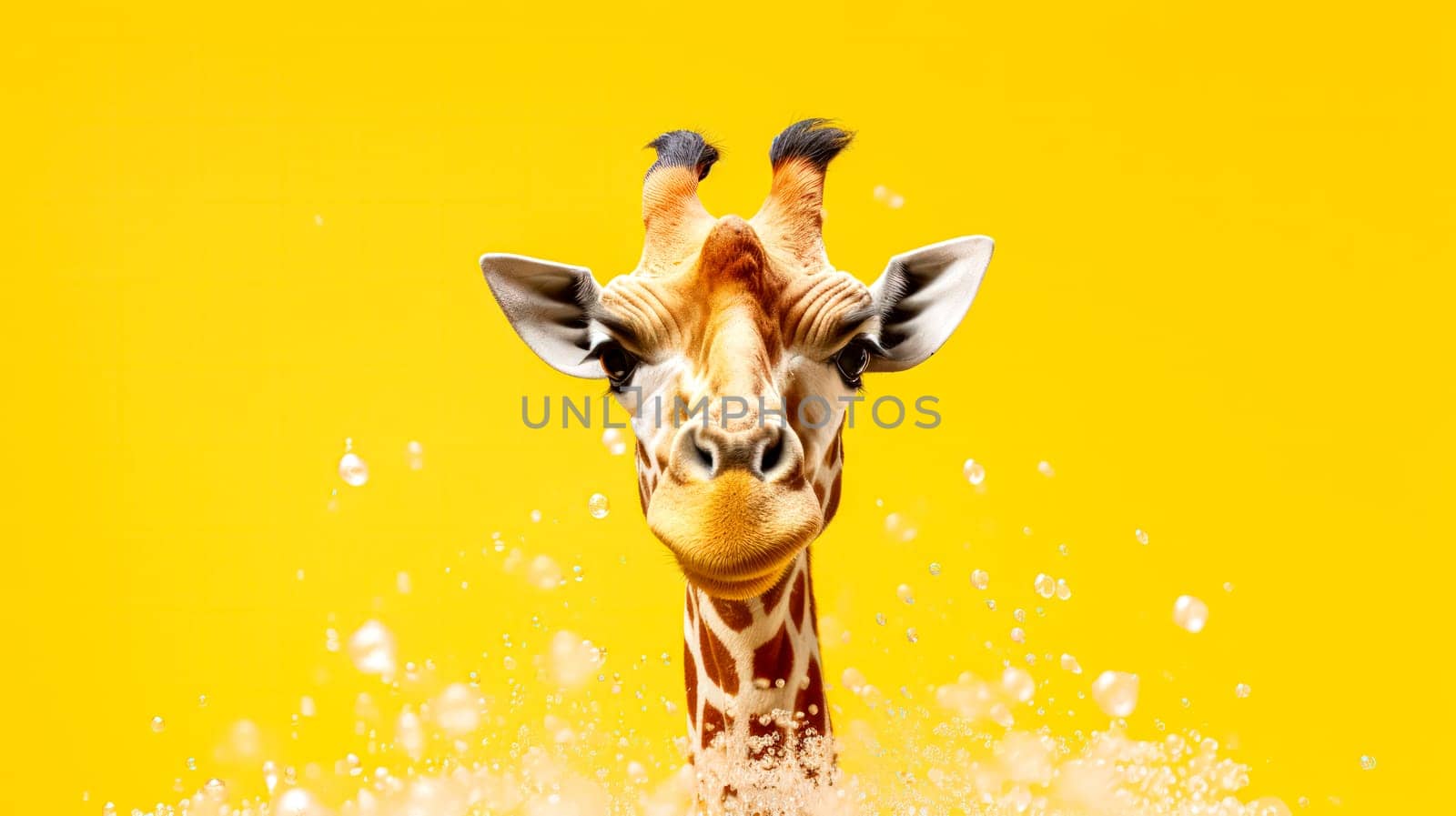 A playful giraffe enjoys a bubbly bath, surrounded by soap bubbles, against a cheerful yellow background, creating a whimsical and delightful scene.