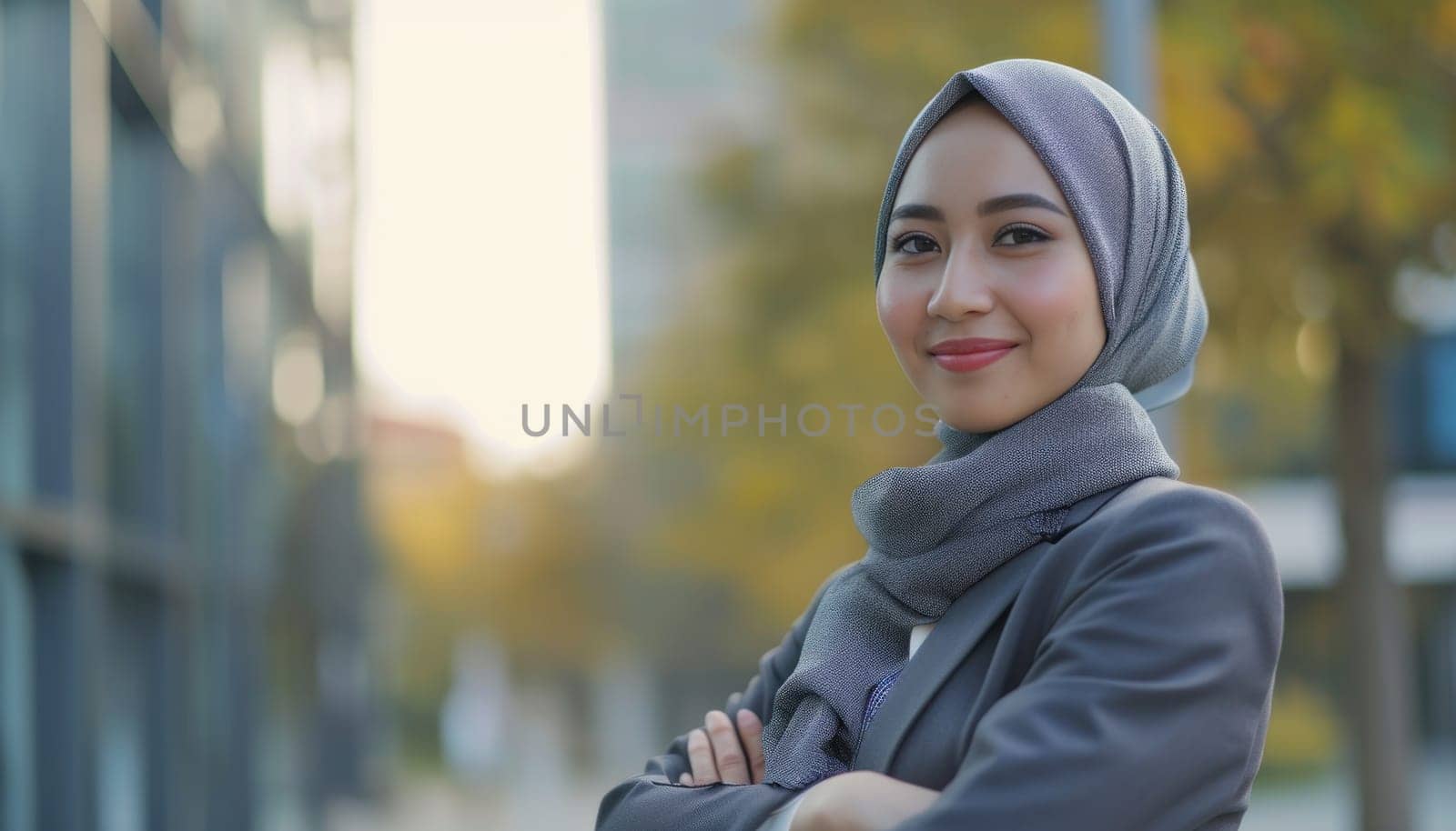 Close up of a cheerful woman wearing a headscarf and smiling outside. Generative AI by golfmerrymaker