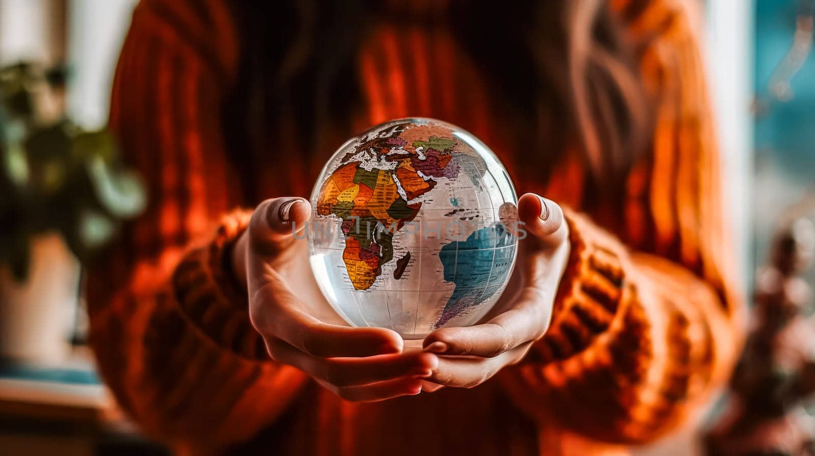 A young girl delicately holds a glass globe in her hands, symbolizing care, responsibility, and environmental consciousness.