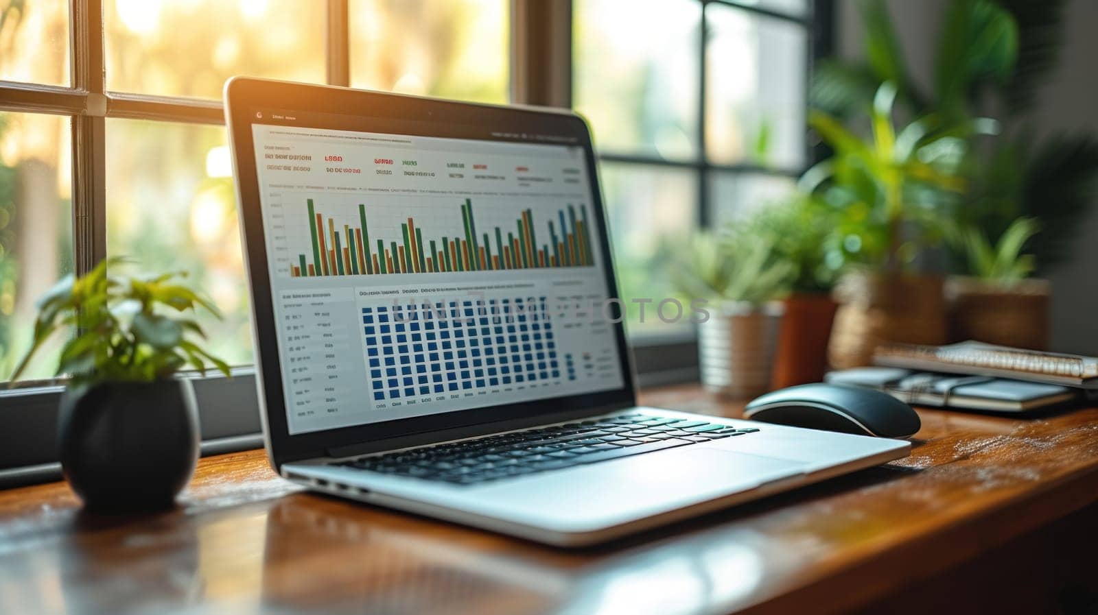 Office desk with a laptop, Financial reports and investment charts. Generative AI.