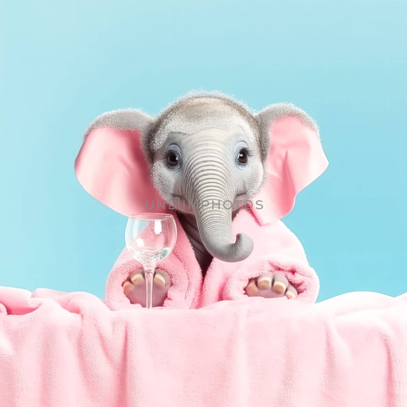 A baby elephant wrapped in a pink towel after a bath, encircled by soap bubbles, presenting a charming and adorable scene.