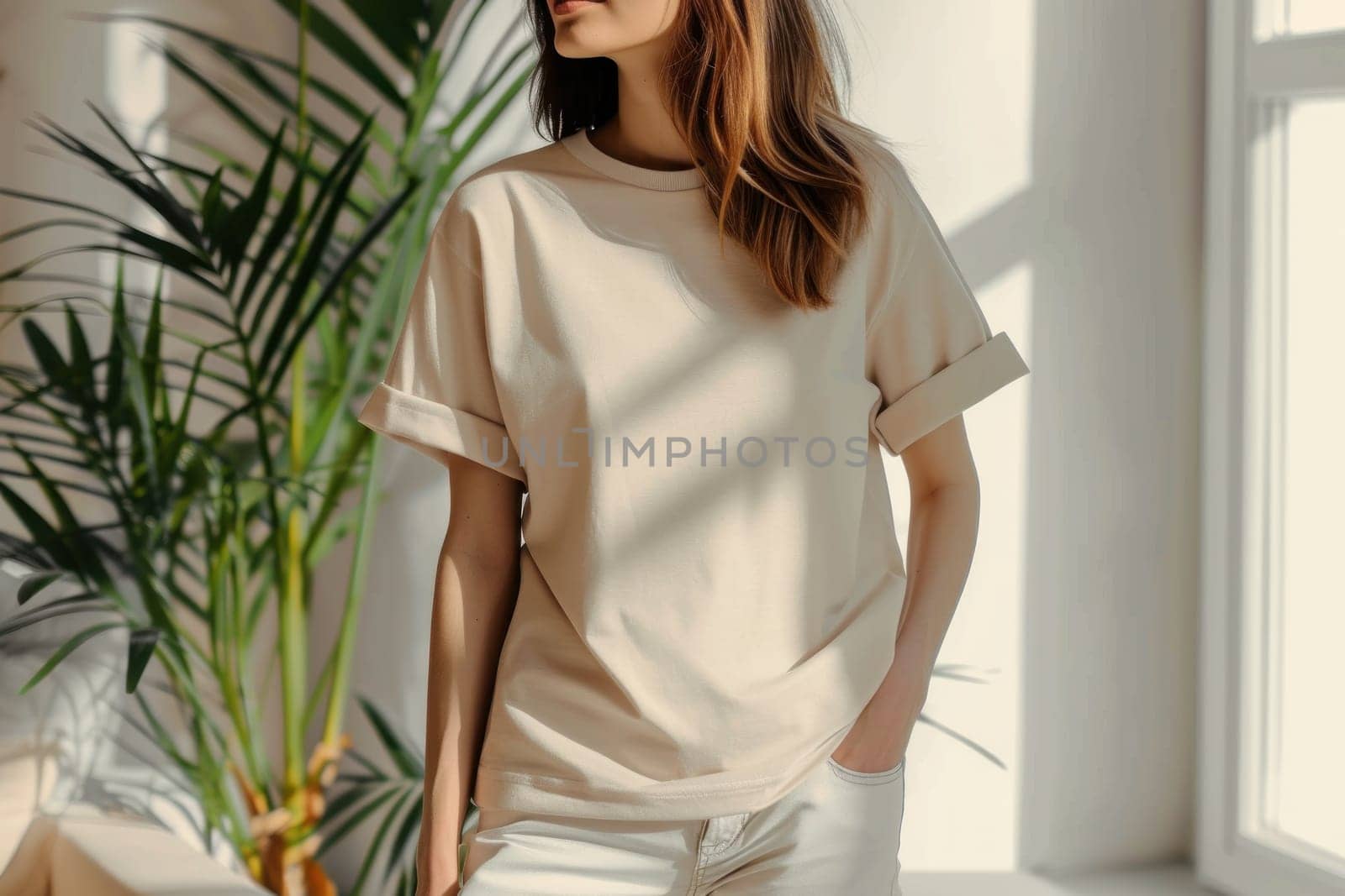 Woman wearing soft beige color high-quality plane tshirt small rolled up sleeves. Generative AI.