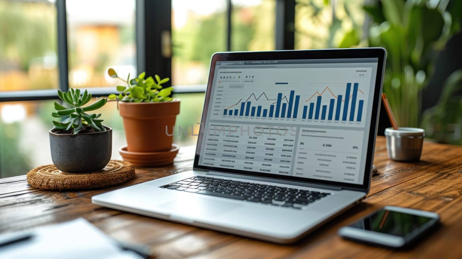 Office desk with a laptop, Financial reports and investment charts. Generative AI.