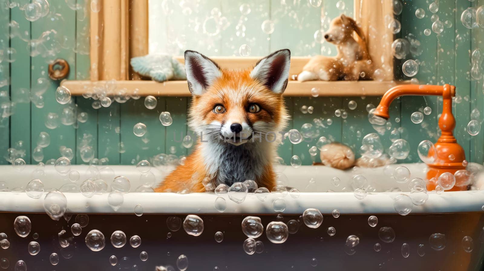 A delightful fox lounges in a bathtub surrounded by frothy soap bubbles by Alla_Morozova93