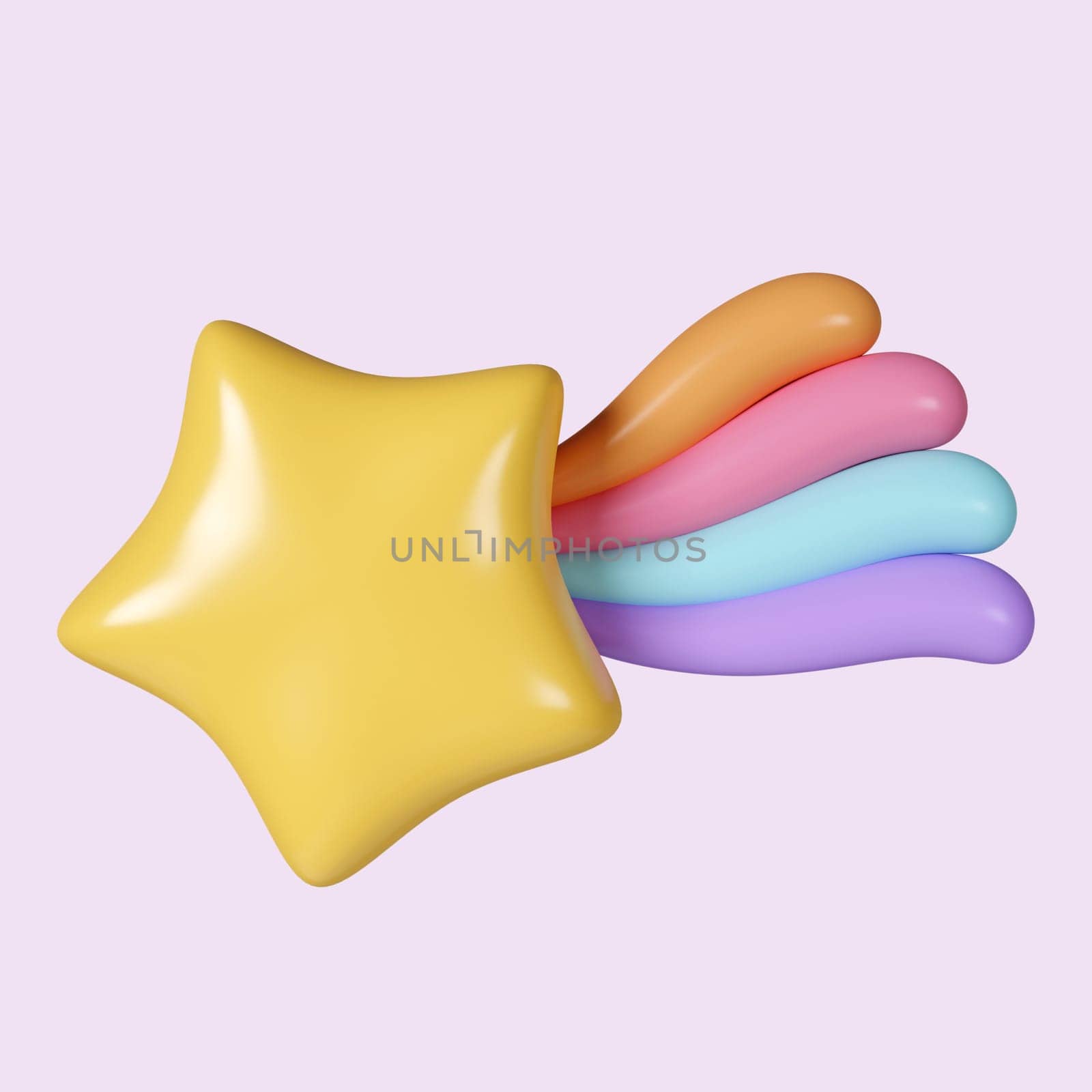 3d shooting star with rainbow. Meteor in space. icon isolated on purple background. 3d rendering illustration. Clipping path..