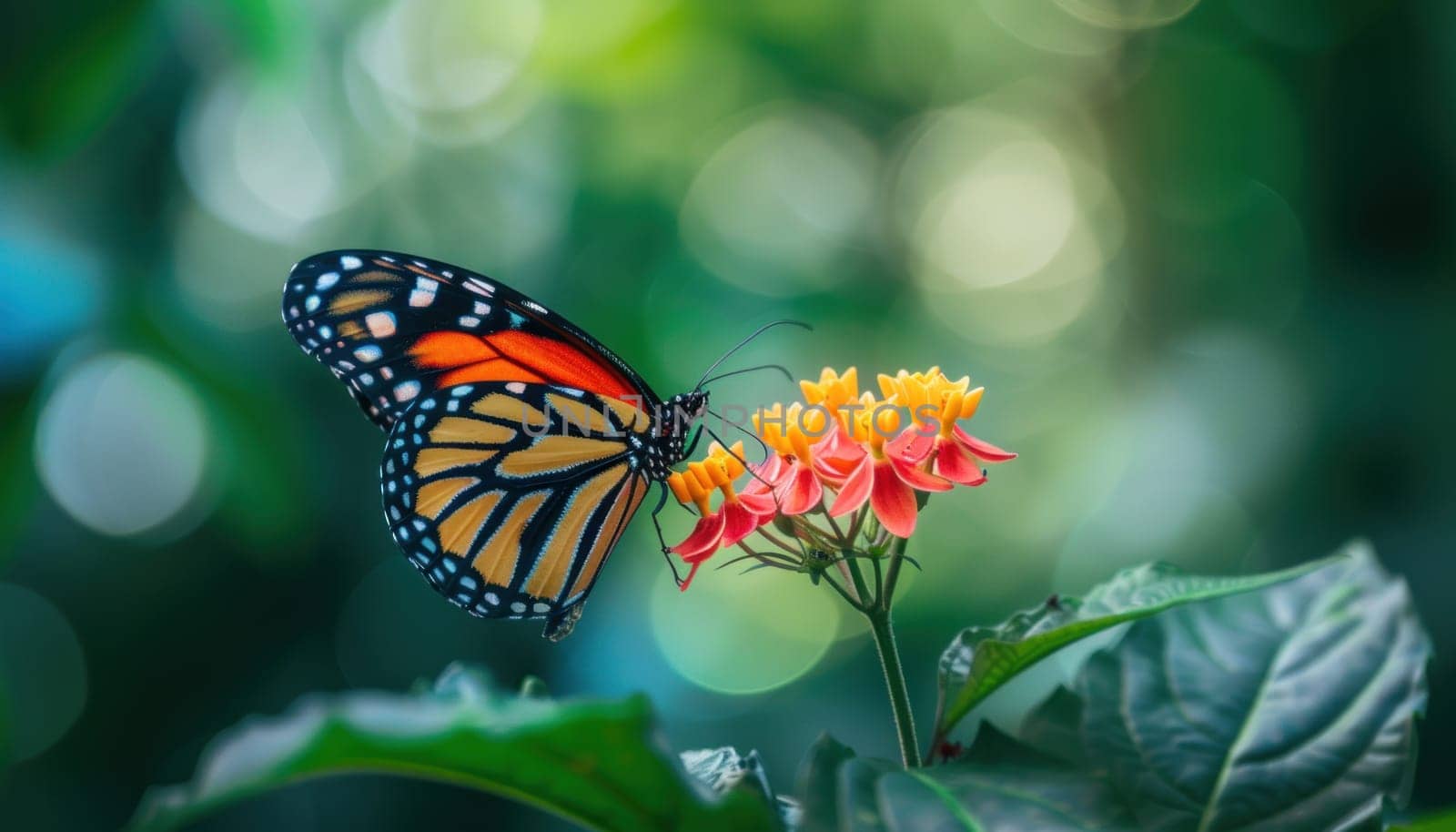 Closeup of a vibrant butterfly on a blooming flower, with a blurred background. Generative AI.