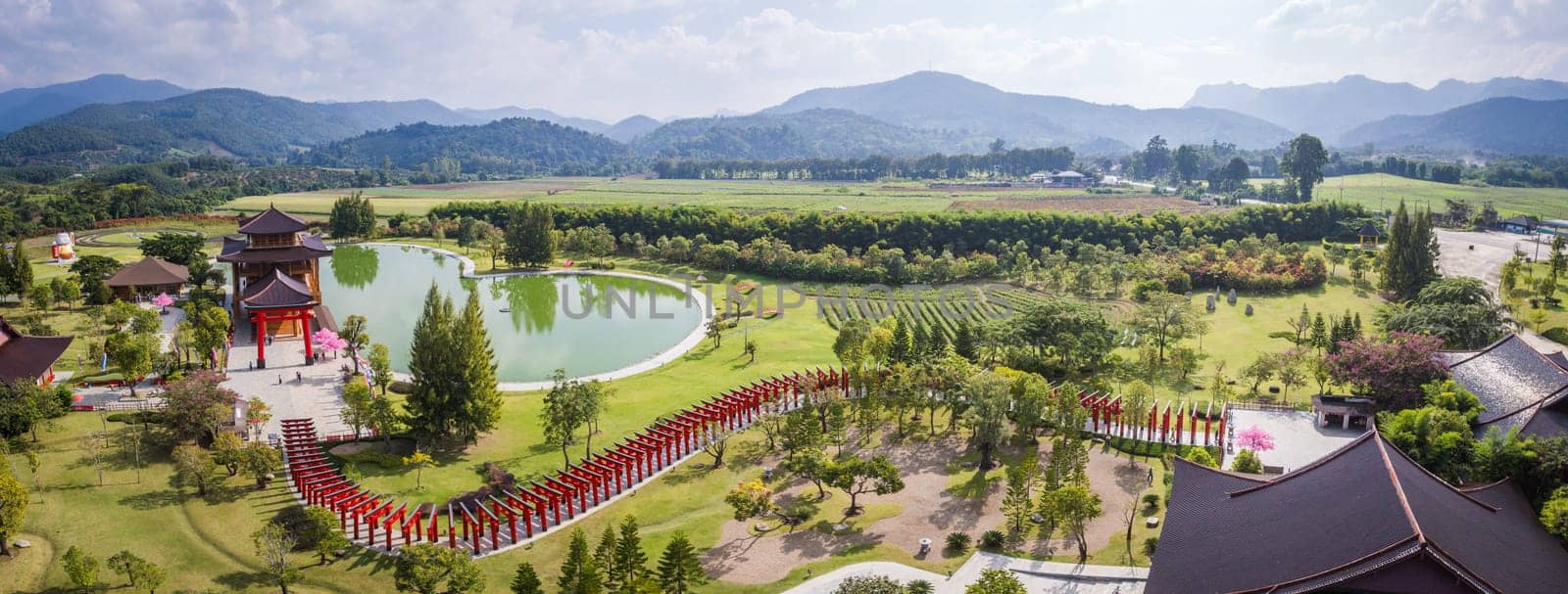 Aerial views of Japanese theme park Hinoki Land in Chai Prakan District, Chiang Mai, Thailand by worldpitou