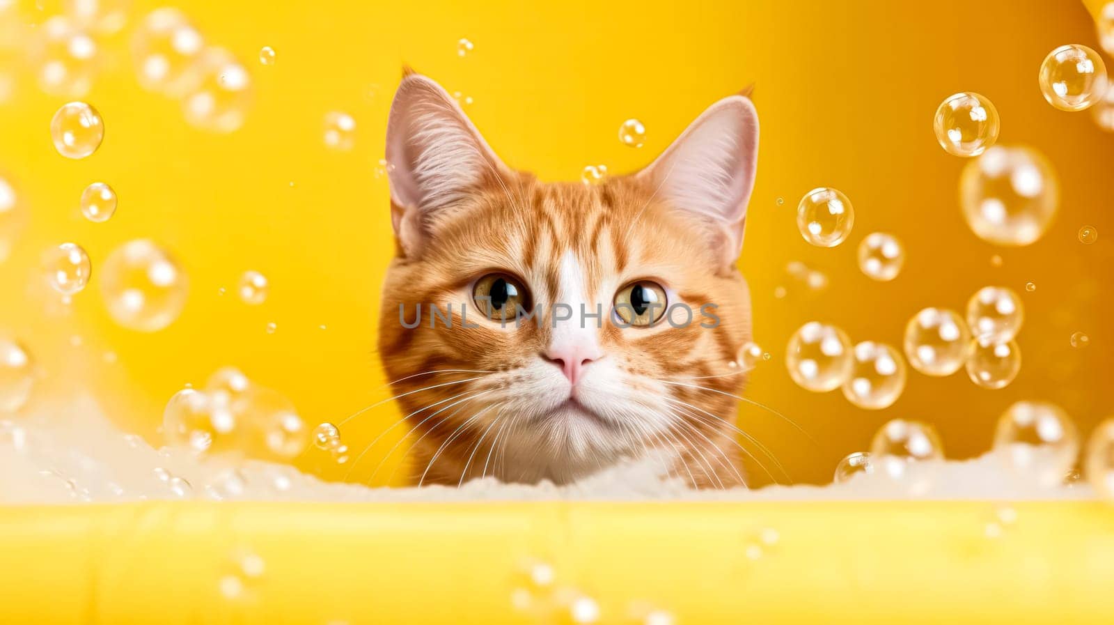 A playful red cat enjoys a bubbly bath in a bathtub, surrounded by soap bubbles, against a vibrant yellow background.