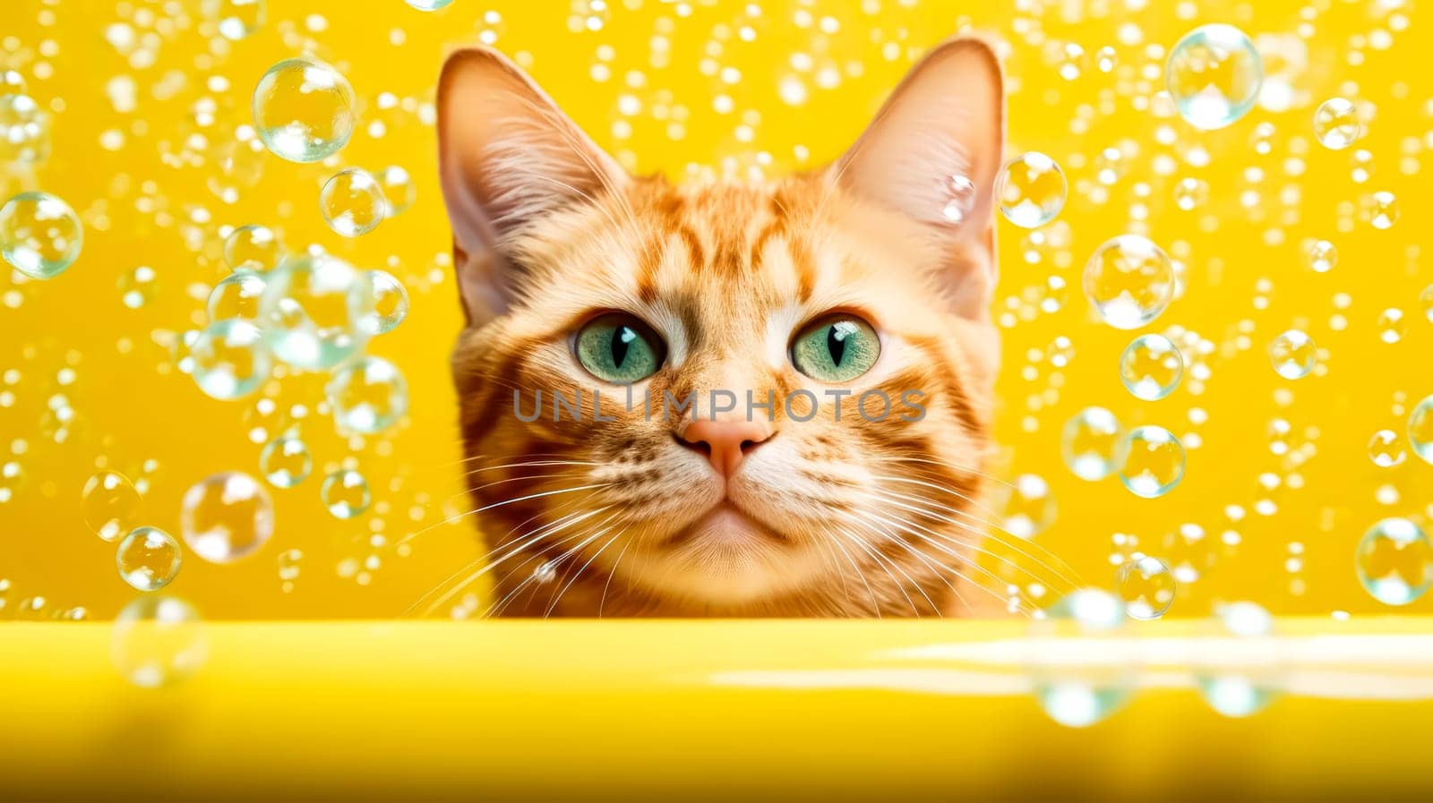 A playful red cat enjoys a bubbly bath in a bathtub, surrounded by soap bubbles, against a vibrant yellow background.