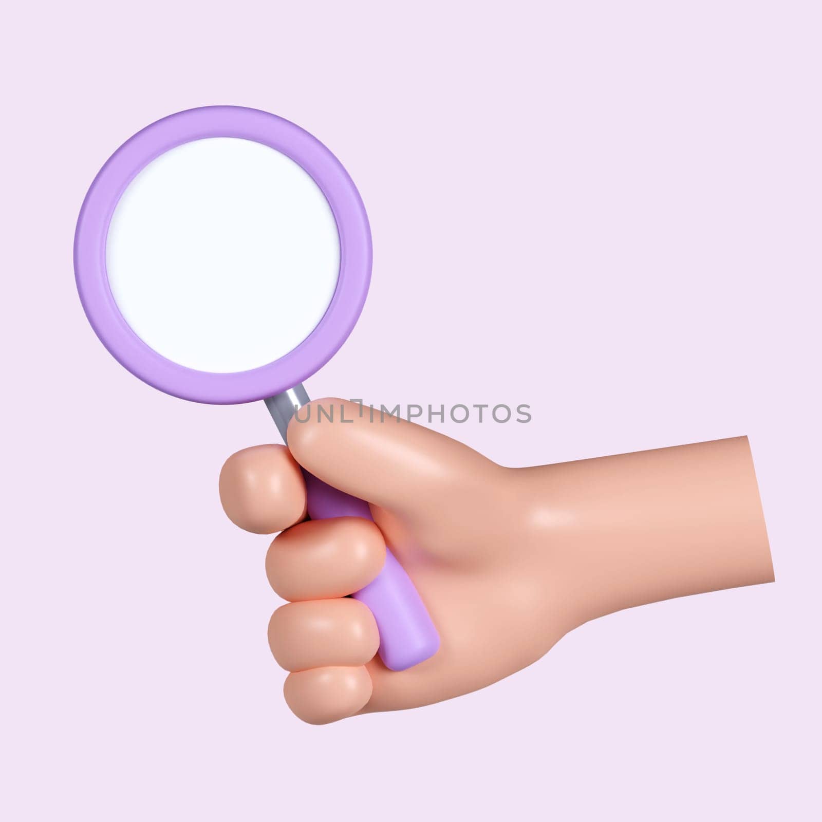 3d hand hold magnifying glass. Search icon. icon isolated on pink background. 3d rendering illustration. Clipping path..