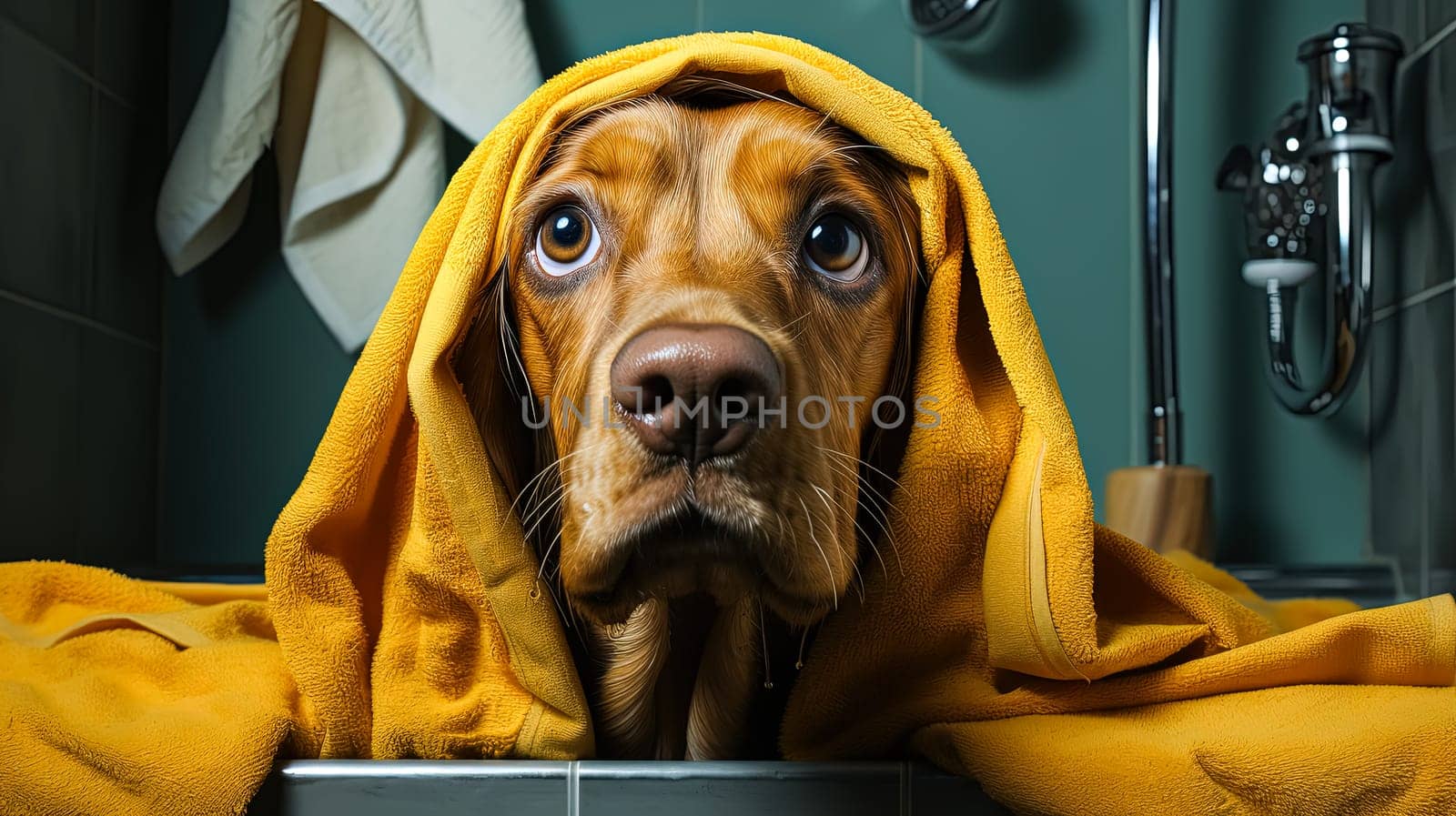 A Hungarian Vizsla, snug in a yellow towel post bath, epitomizing pet care and grooming services, ensuring a clean and happy companion.