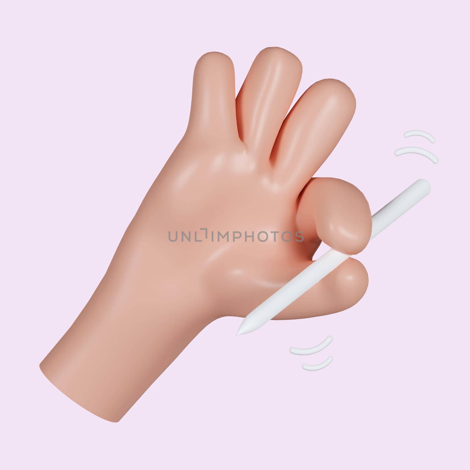 3d Cartoon character hand holds digital pen. Writing or drawing icon. icon isolated on pink background. 3d rendering illustration. Clipping path..