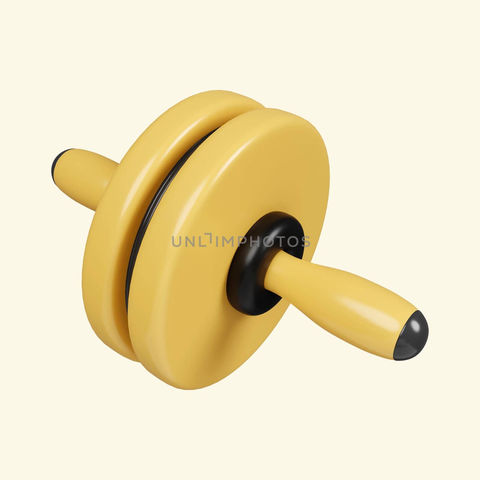 3D Gymnastic roller wheel with handles for abdominal muscles. Home and gym gymnastic equipment. icon isolated on yellow background. 3d rendering illustration. Clipping path..