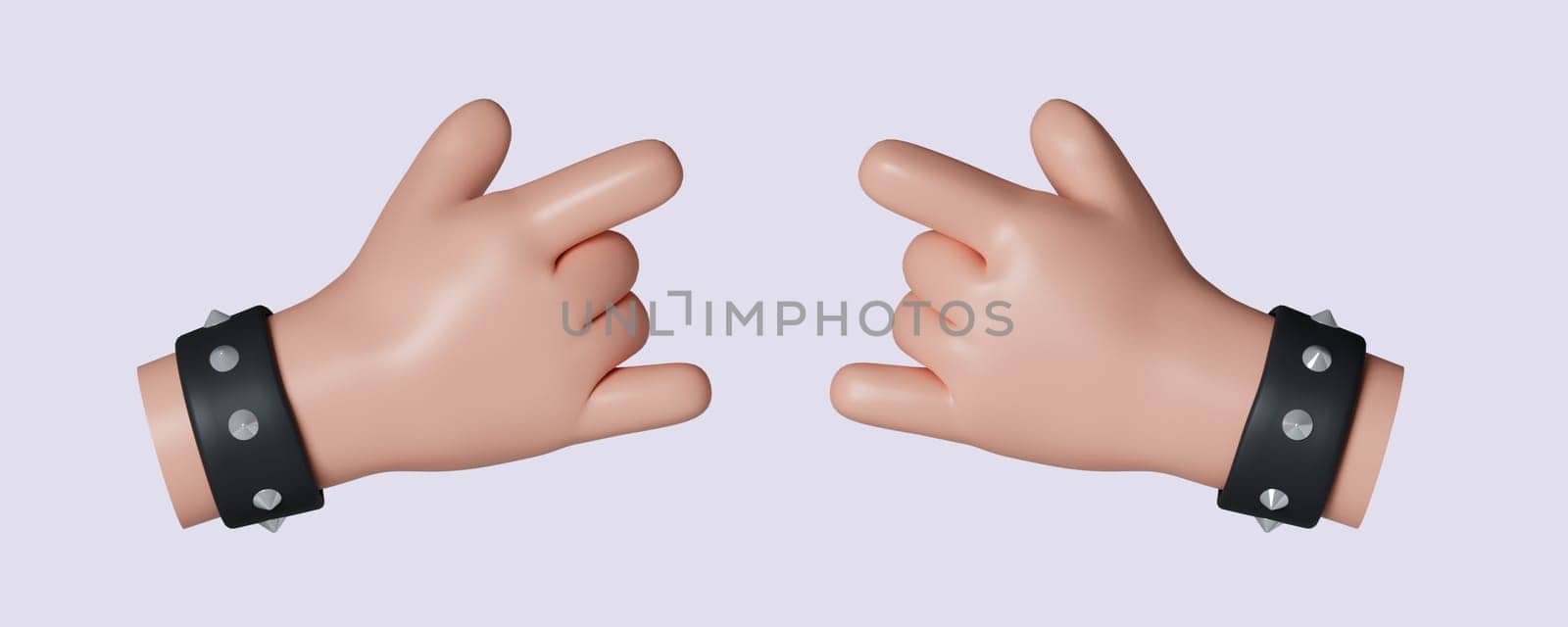 3d Sign of the horns ui hero character. Rock festival music sign two hands gesture. icon isolated on gray background. 3d rendering illustration. Clipping path..
