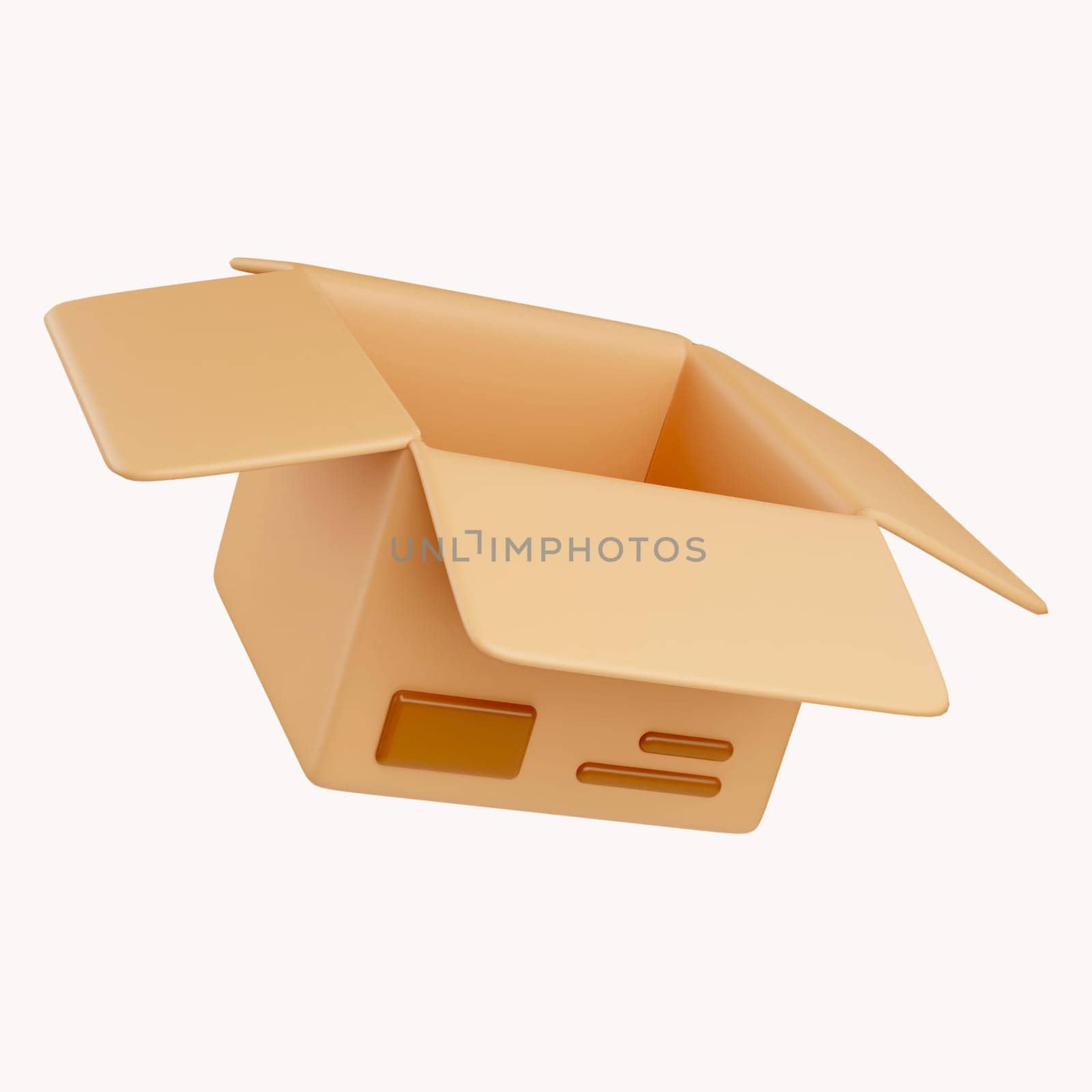 3D open cardboard box icon with white symbols isolated on white background. Render delivery cargo box 3d illustration.