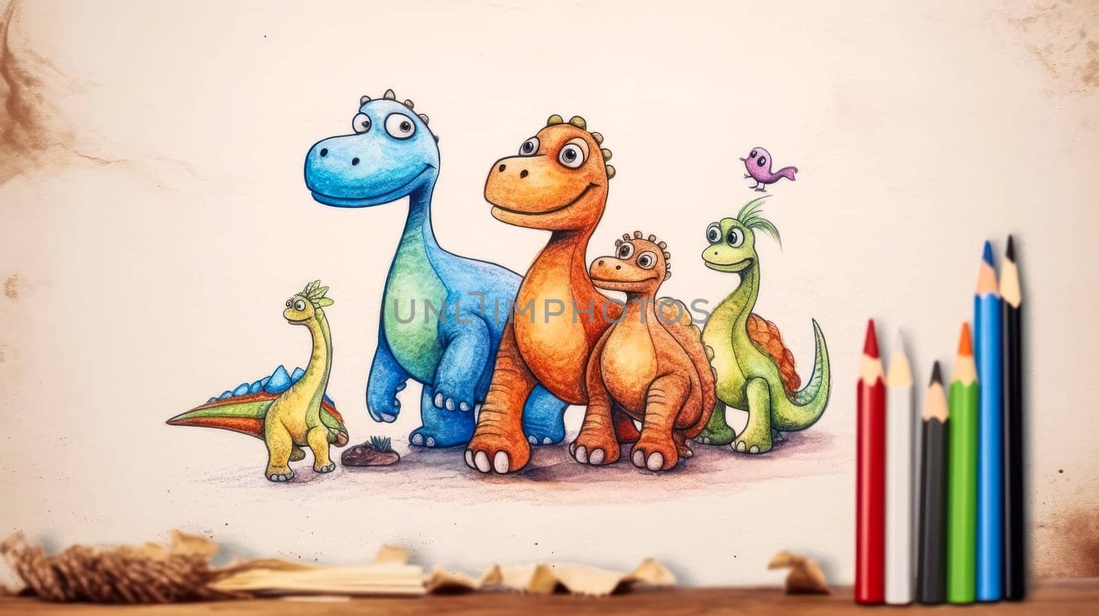 A delightful childrens pencil drawing depicts playful dinosaurs and kids having a blast together, igniting imagination and wonder in a whimsical storybook scene.