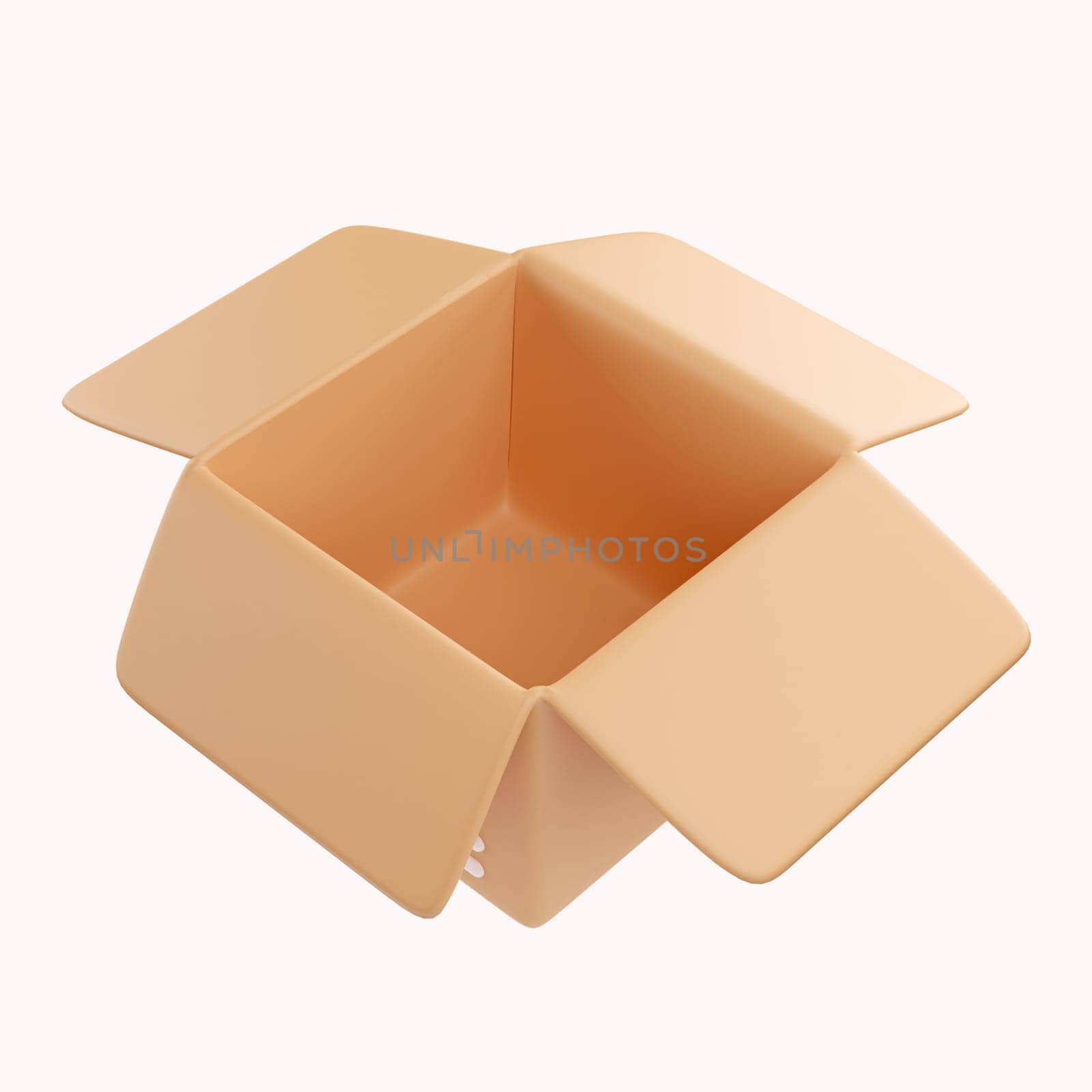 3D open cardboard box icon with white symbols isolated on white background. Render delivery cargo box 3d illustration.