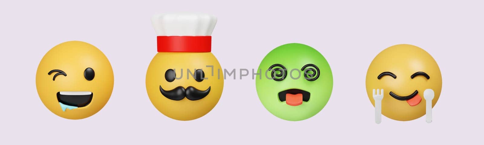 3D Emoji Hungry, Chef, Vomit, Yummy. Realistic Yellow Glossy 3d Emotions face. icon isolated on gray background. 3d rendering illustration. Clipping path..