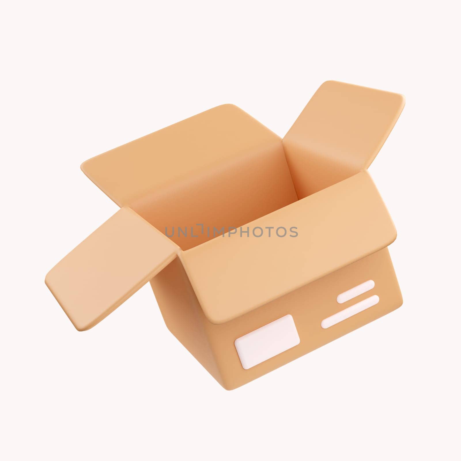 3D open cardboard box icon with white symbols isolated on white background. Render delivery cargo box 3d illustration.